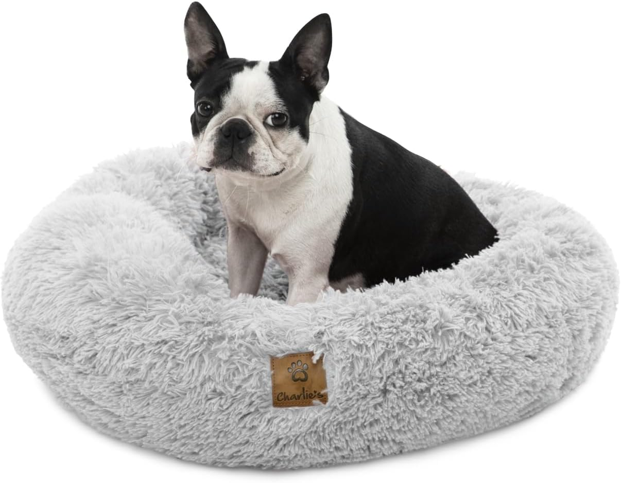 Charlie'S Shaggy Faux Fur Donut Calming Dog Bed Dog Cat Luxurious Faux Fur - Artic White Chinchilla Medium Diameter 76 Cm X Height 23Cm