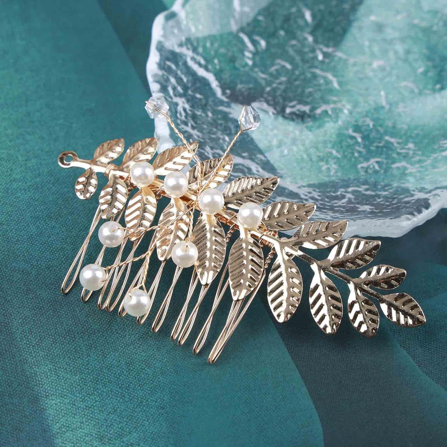 Yheakne Crystal Wedding Hair Comb Gold Pearl Hair Comb Barrette Bridal Hair Comb Headpieces Decorative Head Comb Headpiece Rhinestone Hairpiece Side Comb Hair Accessories for Women and Girls (Gold) - Silver image number 6