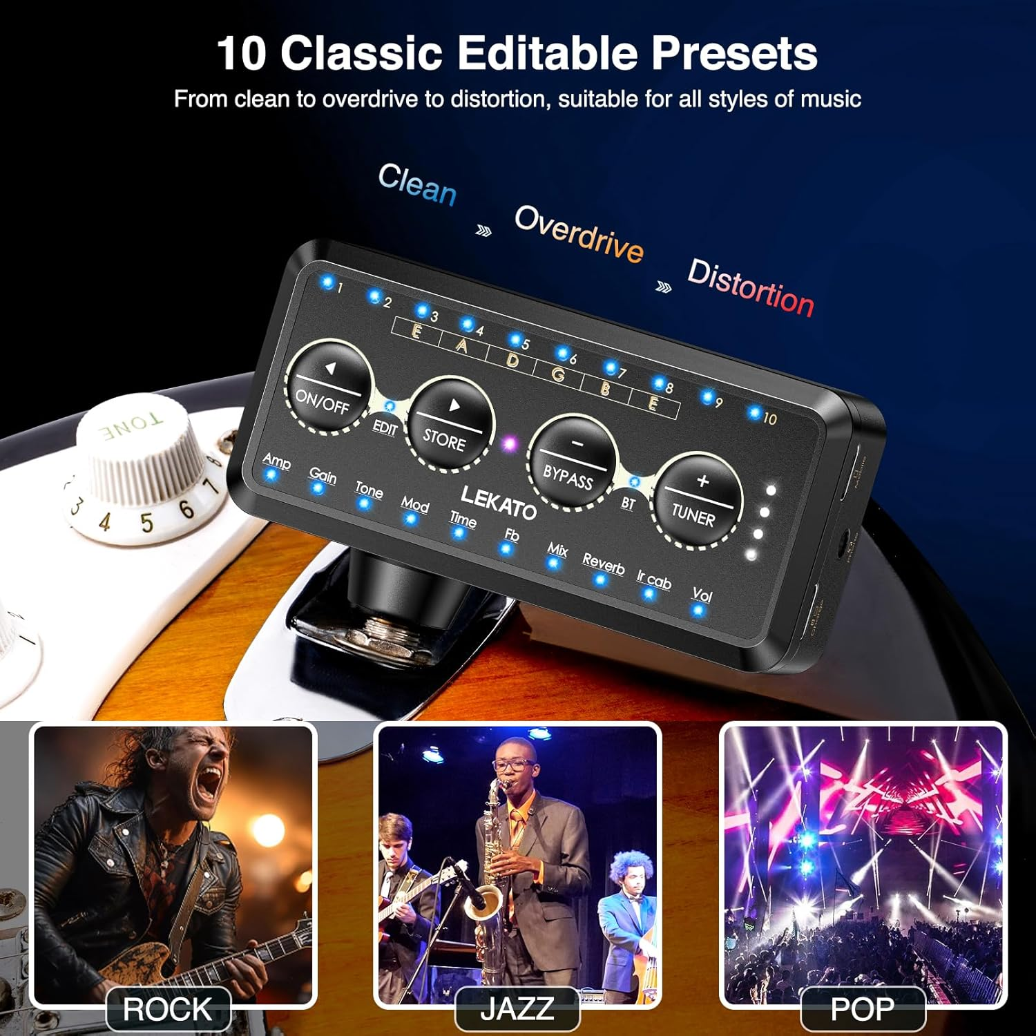 LEKATO Guitar Headphone Amp Rechargeable Micro Headphone Amplifier with Multi Effects - Amp Models, IR Loading, Tuner, Portable Bass Guitar Headphone Amplifier Delay Reverb Chorus Overdrive image number 1