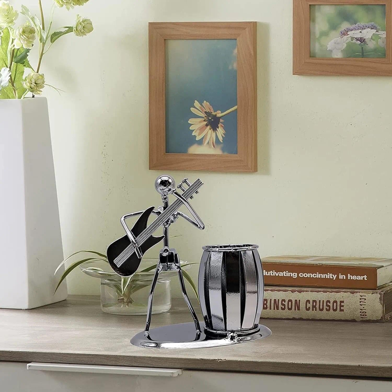 CRFY Metal Art Pen Pencil Holder, Creative Guitar Player Pen Cup, Office Desktop Ornaments Music Decoration Gift image number 1