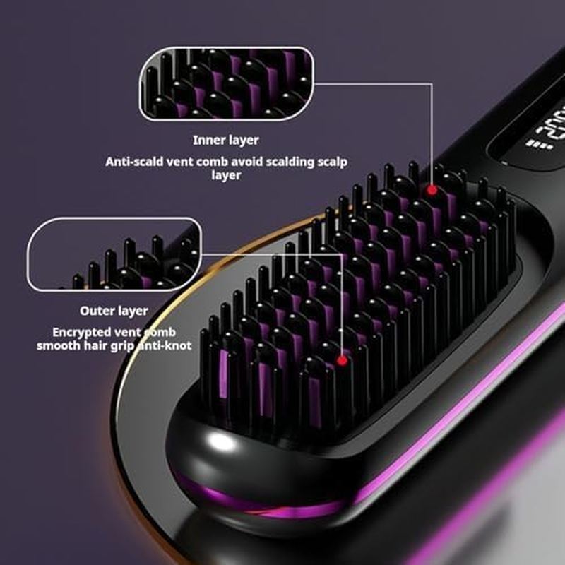 Go Brush Pro, 2025 Cordless Hair Straightener Brush, Portable Straightening Comb for Travel, Portable Mini Hot Comb with Negative Ions Smoother, Rechargeable Heated Brushes (Black) image number 6