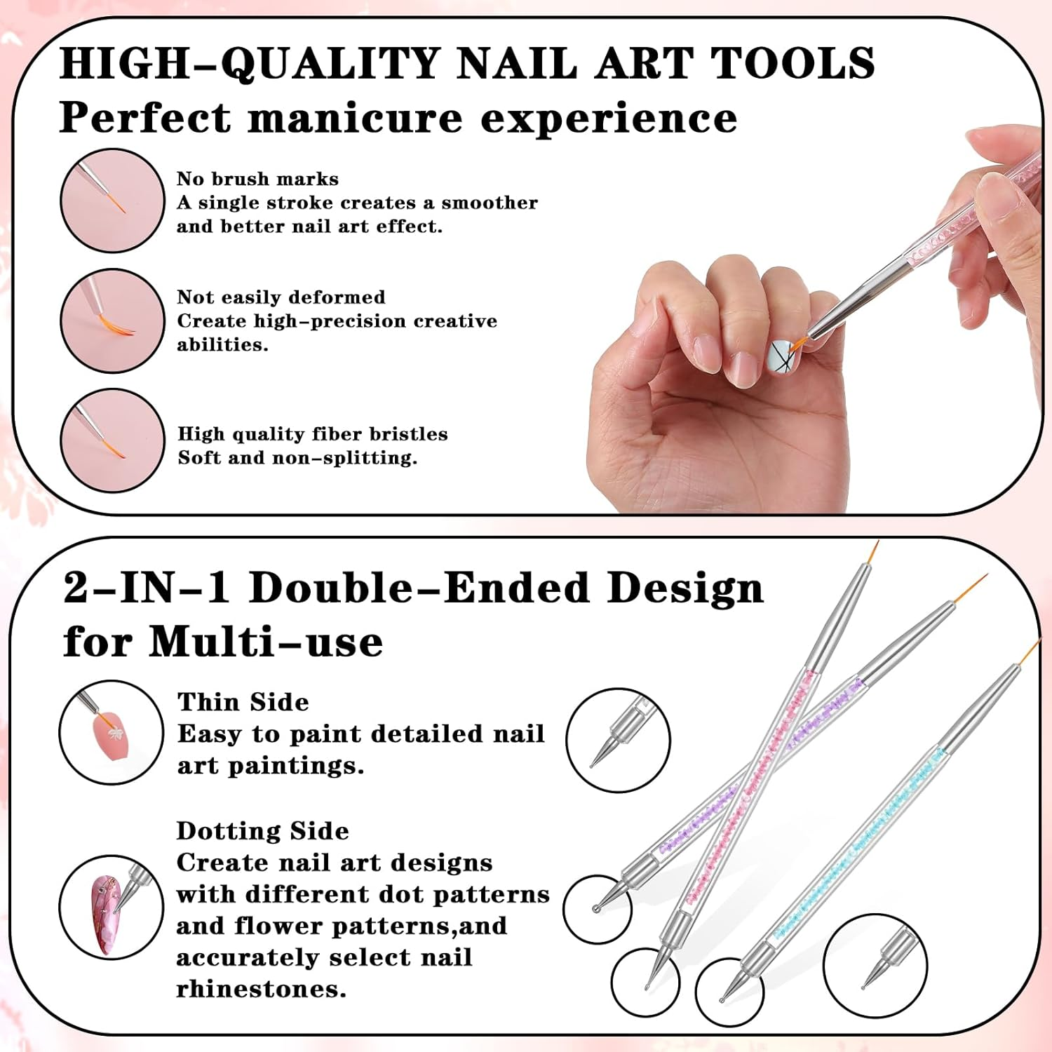 Double End Nail Brush, 10 Pieces Nail Design Brushes for Gel Nails, Acrylic Nail Brush Set with Nail Liner Brush and Dotting Painting Line Pen Nail Art Dotting Tools Professional Manicure Tool Set
