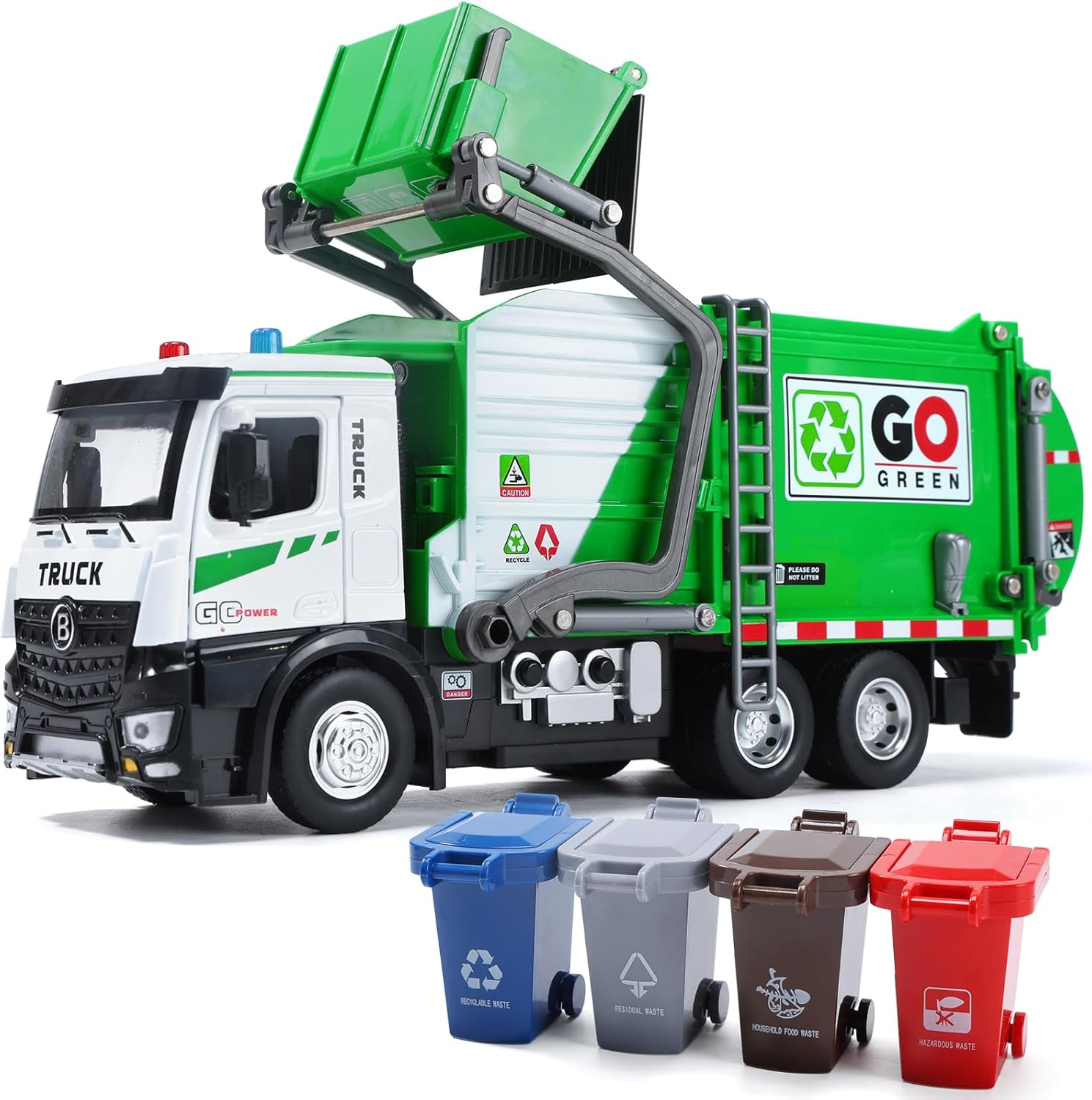HOLYFUN 12'' Electric Garbage Truck Set with Lights & Sounds, Front Loader, Metal Cab, Friction-Powered Vehicle Cars with Dumpster, 4 Trash Bins & Sorting Cards, Play Truck Toy Kids Toddlers image number 6
