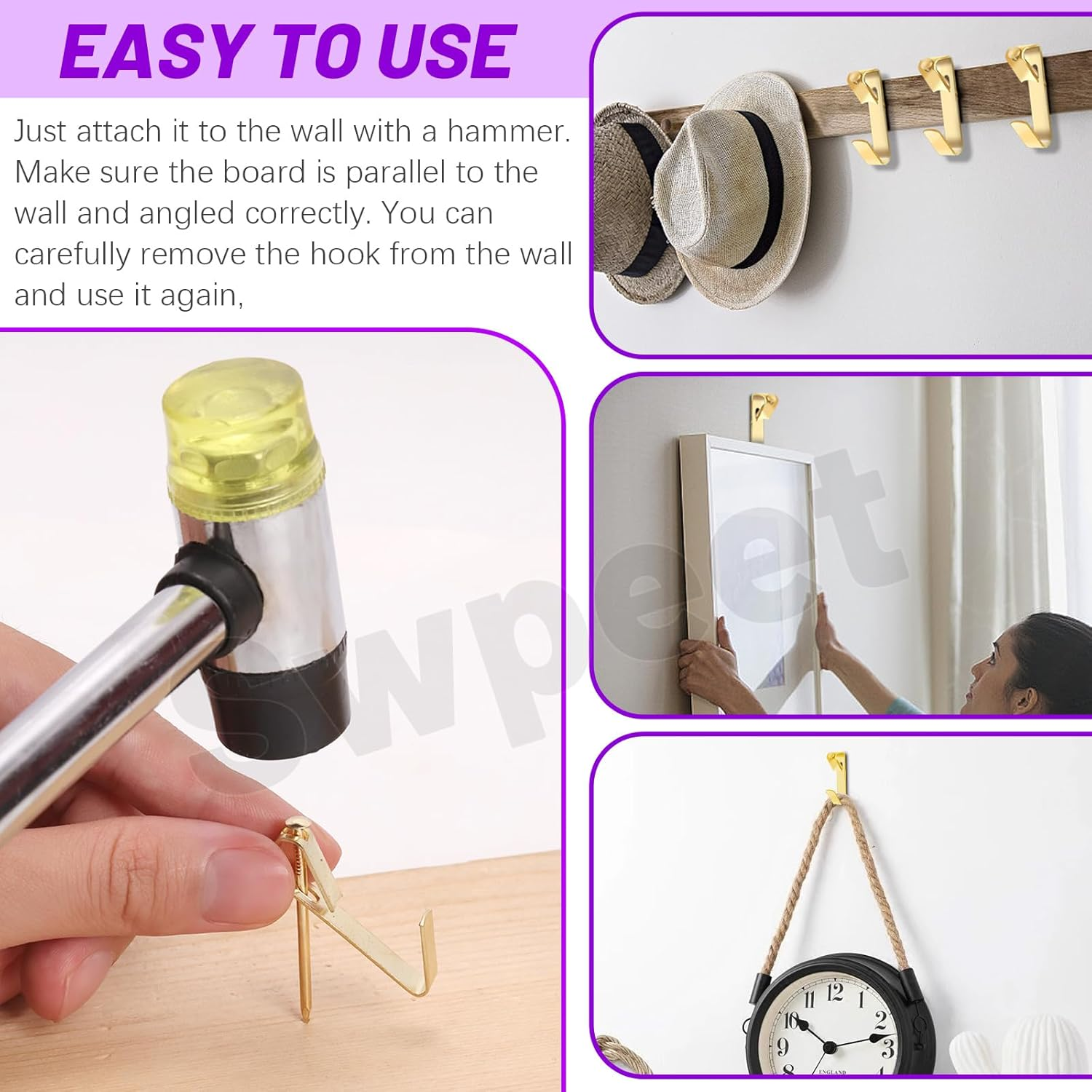 Swpeet 75Pcs 5 Sizes 10Lb/20Lb/30Lb/50Lb/100Lb Golden Picture Hangers with Nails Assortment Kit, Metal Picture Hanging Hooks, Heavy Duty Frame Picture Hooks, Picture Hanging Hardware for Drywall