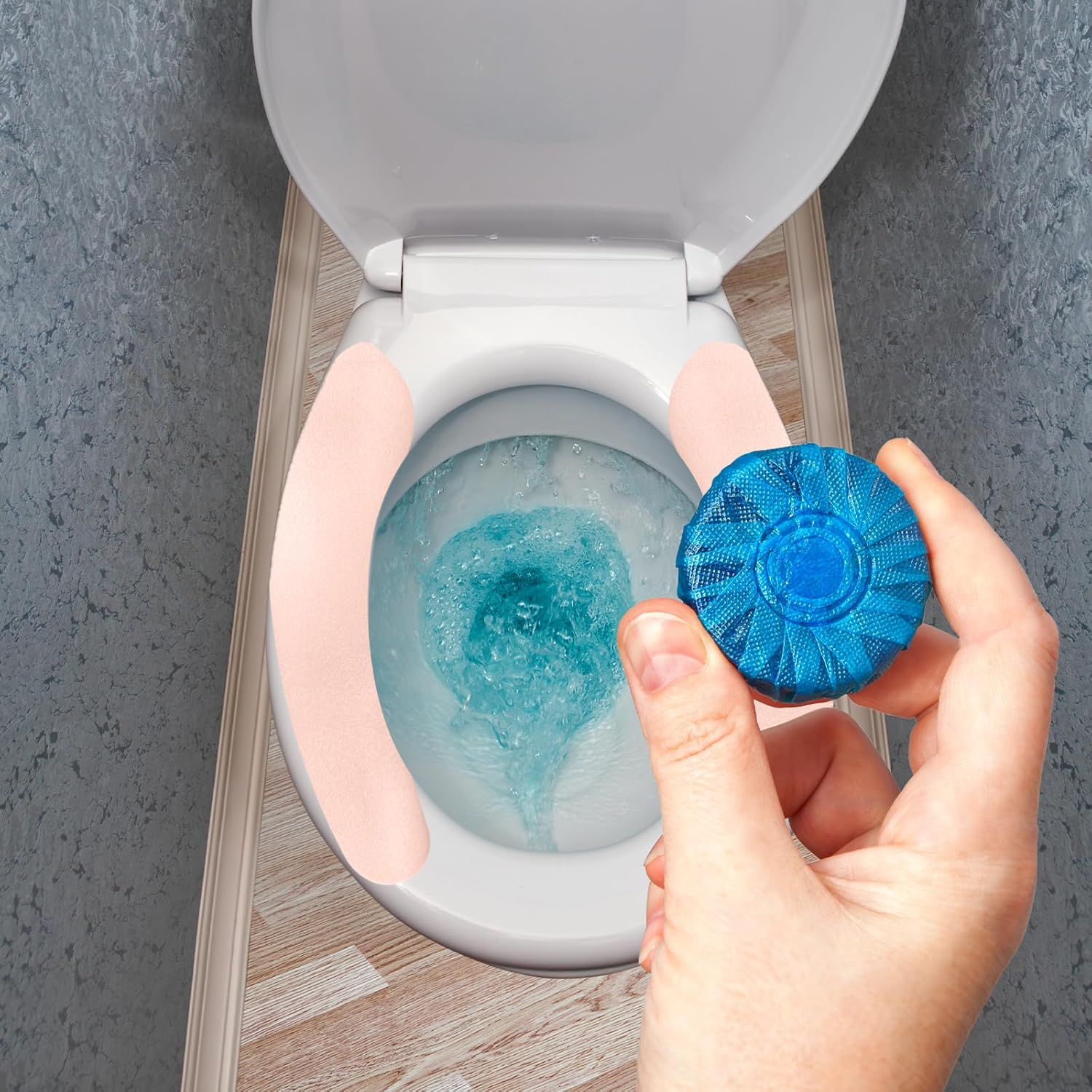 TEAONE Toilet Cover Pads, 2 Pairs Sticky Toilet Lid Cover for Toilet Rings of Different Shapes (Blue, Pink)