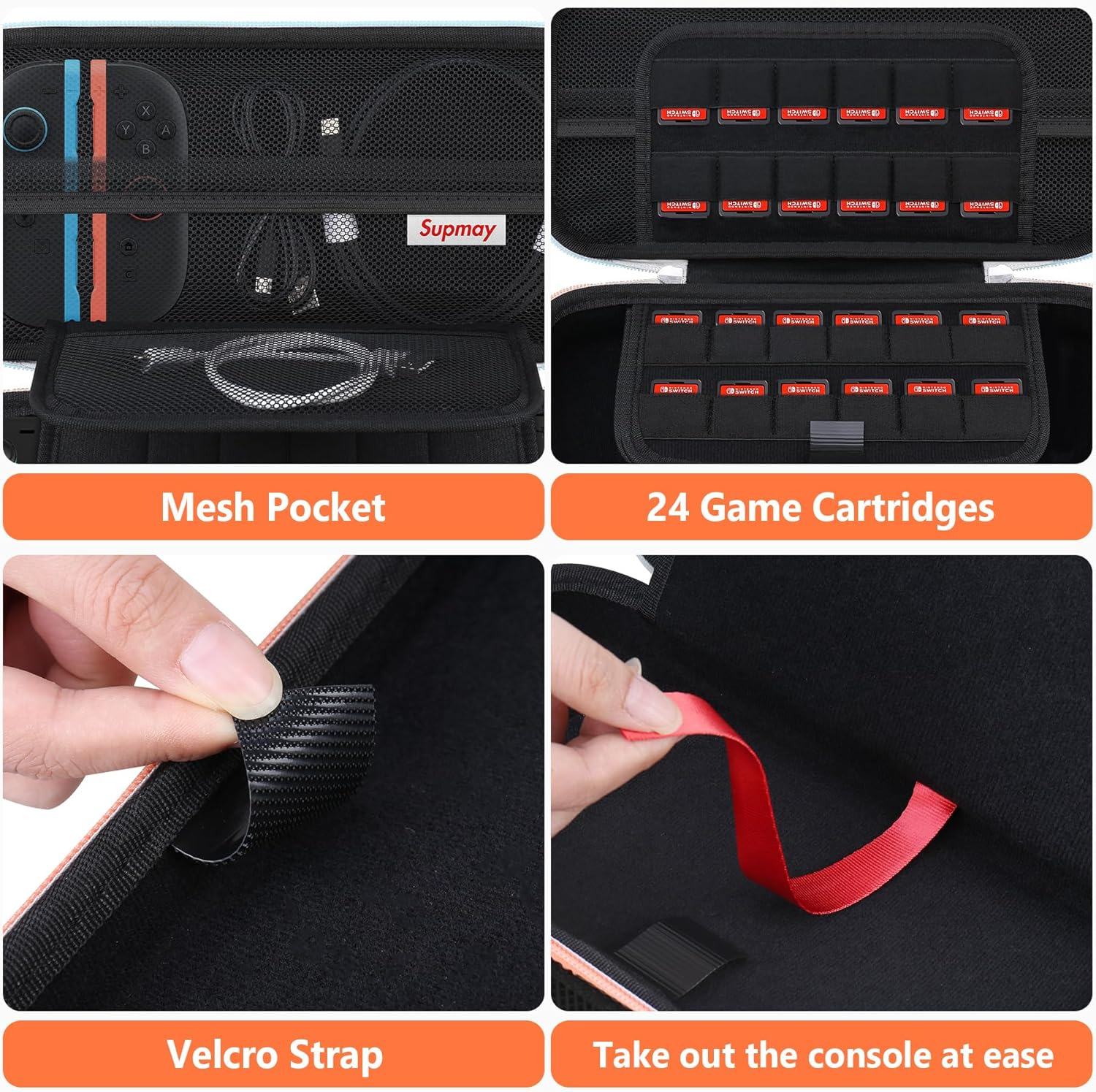 Supmay Carrying Case for Nintendo Switch 2(2025), Protective Hard Shell Portable Travel Carry Case Pouch Holds with 24 Game Cartridges and Mesh Pocket for Switch 2 Accessories, Black