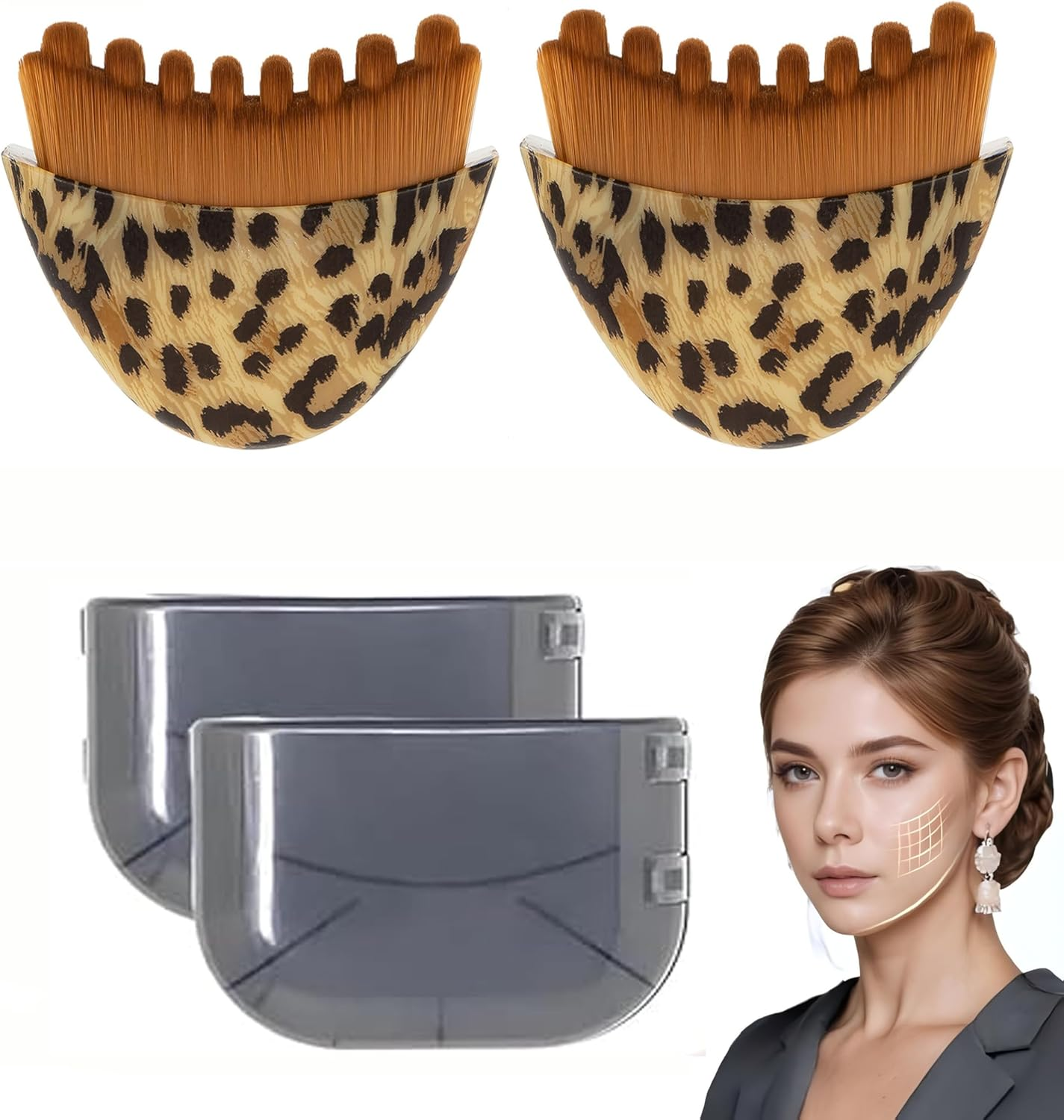 Lymphatic Contour Face Brush, Manual Lymphatic Drainage Massager, Natural Makeup Brushes with Durable Soft Bristles, Hypoallergenic Ergonomic Facial Cleansing Brush for Sculpting (Two Leopard Print Pieces)