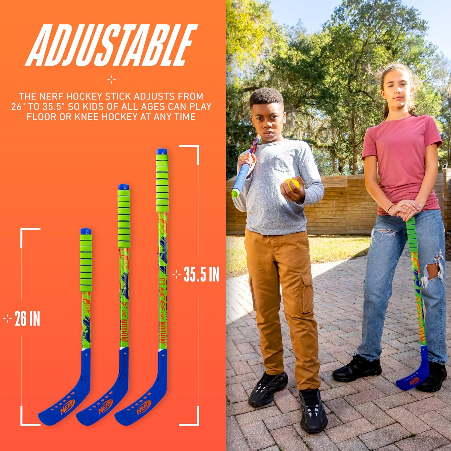 NERF Proshot Kids Hockey Sticks + Ball Set - 2 Player Youth Indoor + Outdoor NERF Hockey Set - 2 in 1 Knee + Floor Hockey Sticks - (2) NERF Proshot Youth Hockey Sticks + (1) Foam Hockey Ball Included image number 1