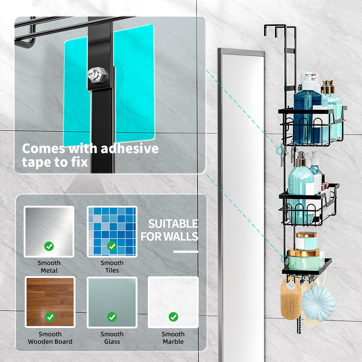 Sandream over the Door Shower Caddy, 3 Tier No Drilling Shower Caddy Hanging with Hooks for Razor and Sponge, Rustproof Bathroom Storage Shelf Rack with Soap Holder - Black image number 6