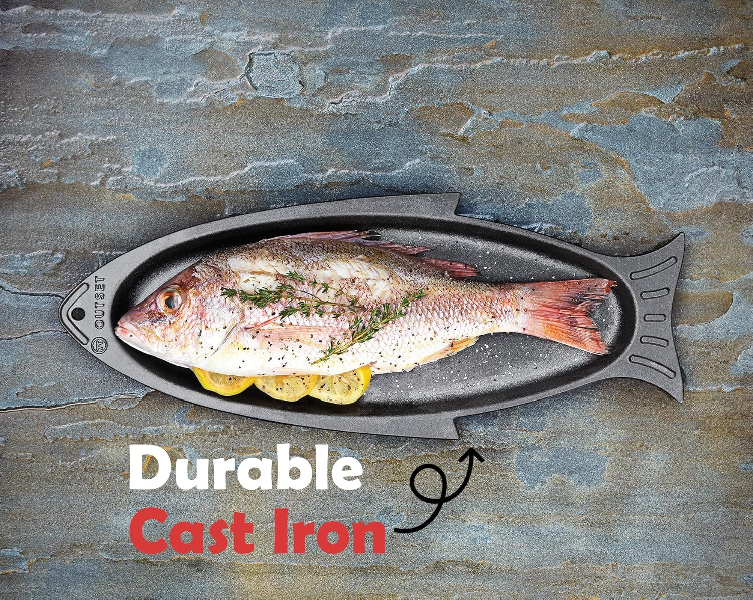 Outset 76376 Fish Cast Iron Grill and Serving Pan Black, 18.9 X 7.28 X 0.98 Inches