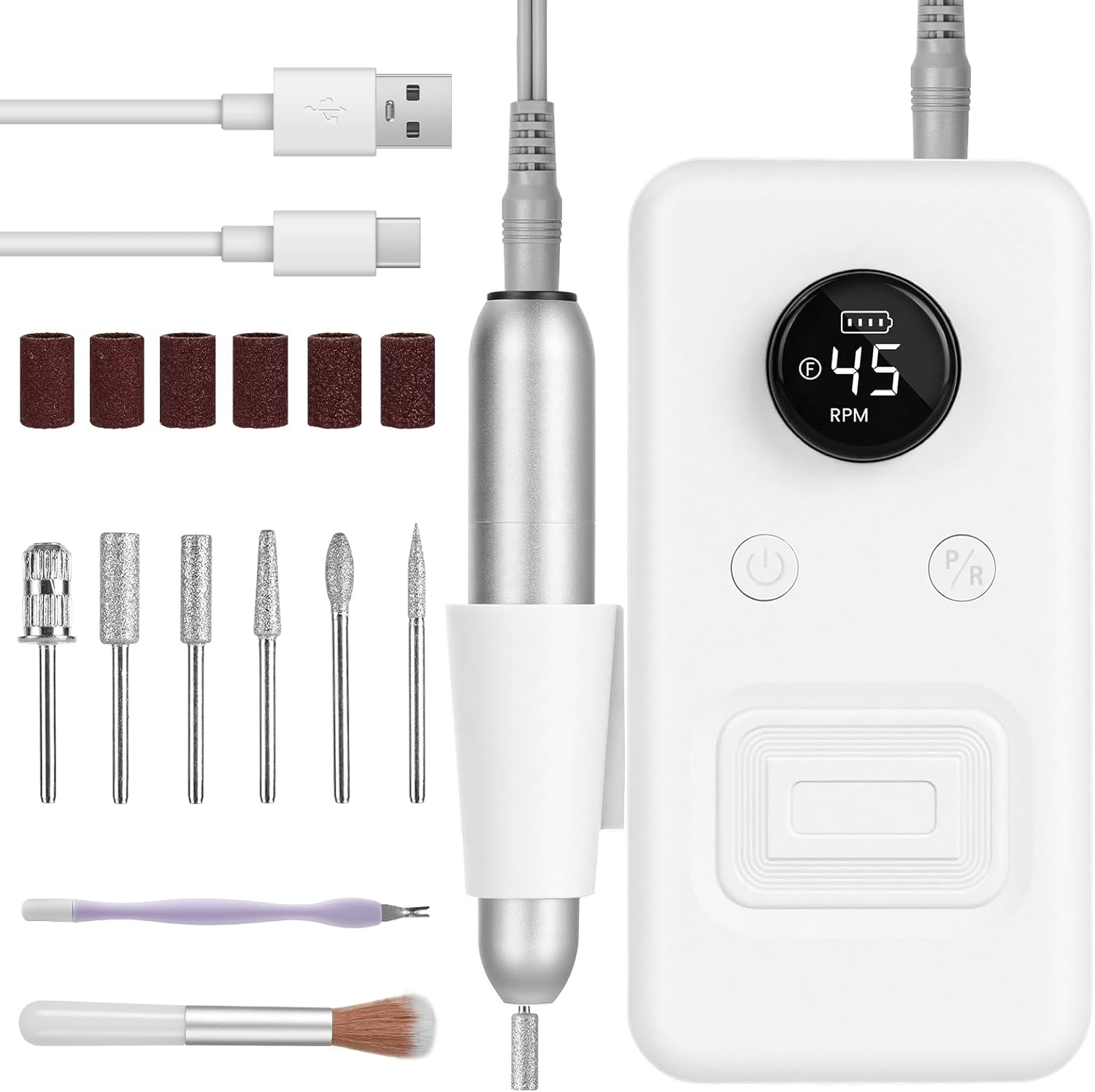 BUTBU Cordless Electric Nail Files, 13 in 1 Professional Rechargeable Electric Nail Drill Machine, 30000 RPM Portable E File Kit, Manicure Pedicure Set with 6 Drill Bits, for Home Salon (White)