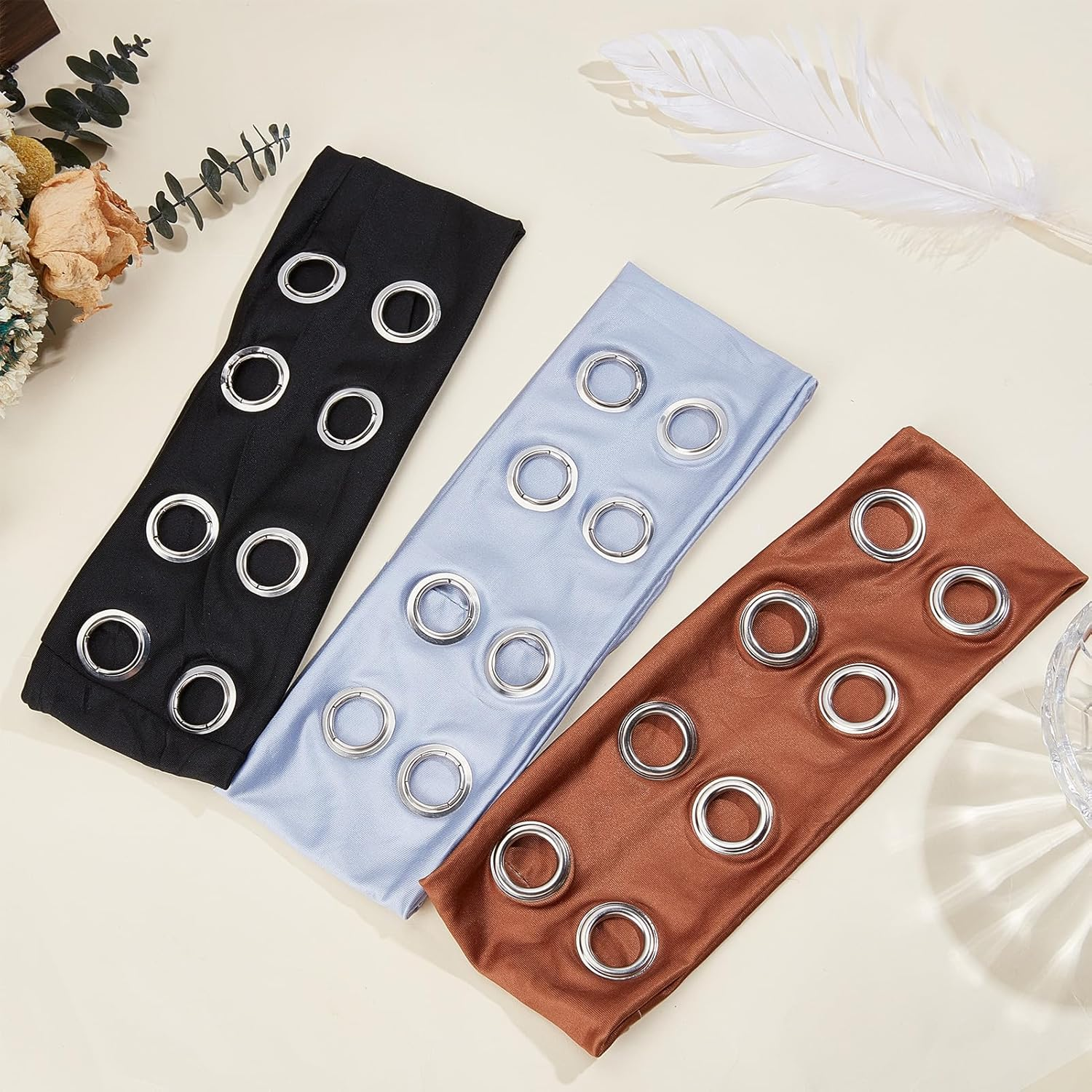 NICENEEDED 3 Pieces Fashionable Wide Headbands with Eyelets for Women Elastic Headbands with Hollowed Eyelets Punk Grunge Stretchy Headband (Black Coffee Light Grey) image number 5