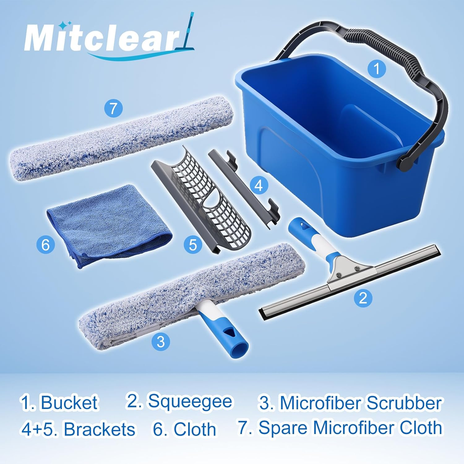 Mitclear Professional Window Cleaning Kit, Include Compact Cleaning Bucket, Silicone Rubber Squeegee, Microfiber Scrubber, Cloth, All-In-One Window Cleaning Supplies, Commercial & Household Use image number 3