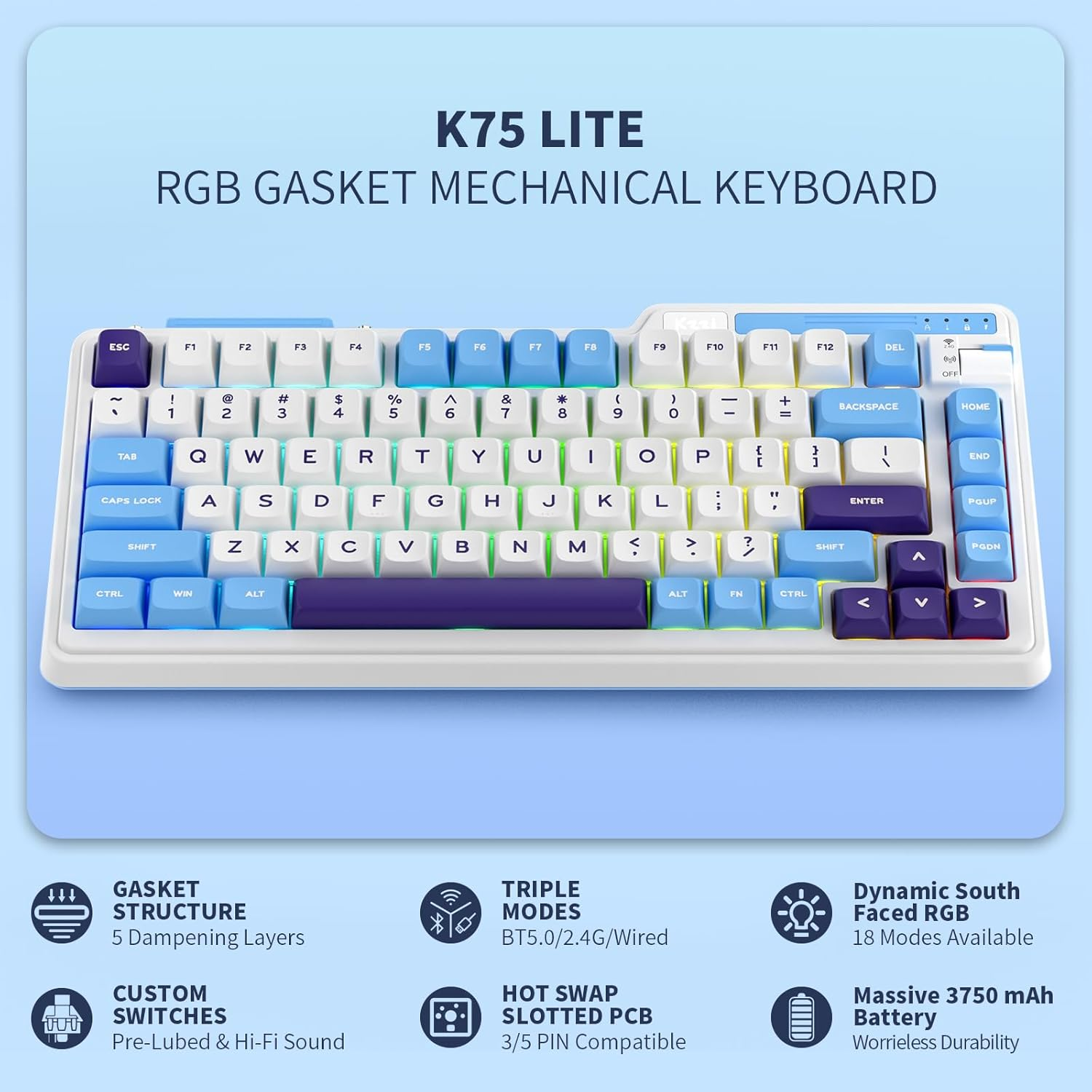KZZI K75 Lite 75% Gasket Wireless Mechanical Keyboard, RGB Gaming Keyboard W/ 3-Mode Knob BT 5.0/2.4G/USB-C Wired, Hot Swappable, PBT Keycaps, 5-Layer Padding & Creamy Pre-Lubed Custom Linear Switches image number 1