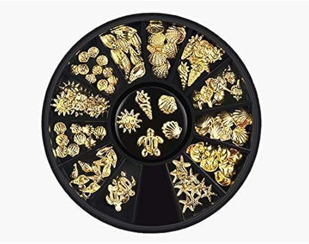 12 Styles Nail Art Metal Studs Gold Metallic 3D Pieces Rivet Palm Tree Turtles Marine Life Charms for Summer Beach Ocean Manicure DIY Acrylic Nails Design Supply Nail Art and Polish(Gold Ocean Studs) image number 3