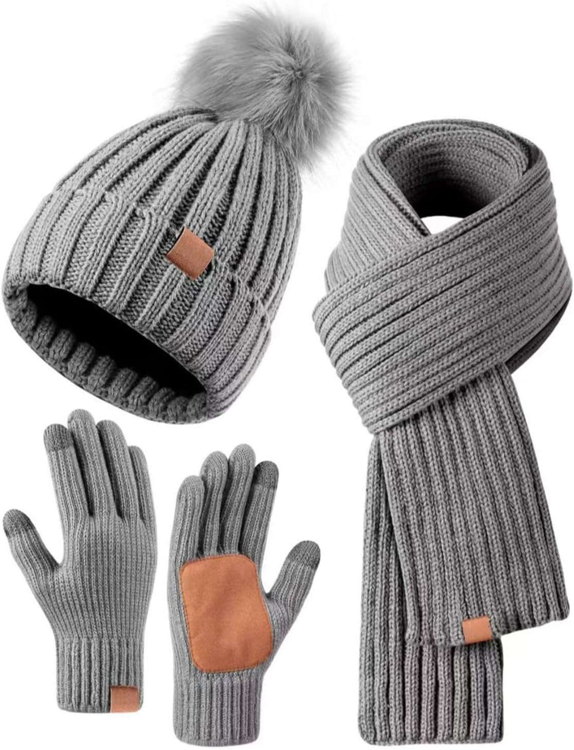 Womens Beanie Hat Scarf Gloves Set,Warm Knit Beanie with Pom Pom Long Scarf Touchscreen Gloves for Cold Weather