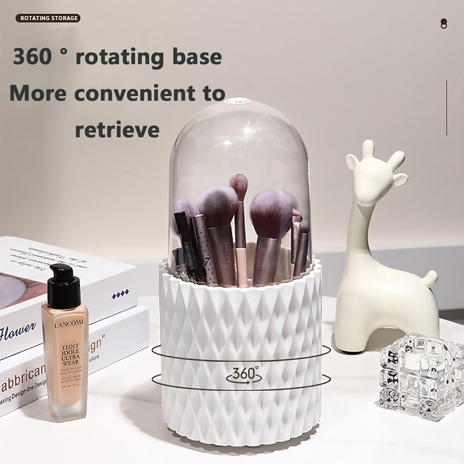 SYGELER 360 &deg; Rotating Makeup Brush Storage Rack - Large Capacity 5-Slot with Dust Cover, Suitable for Dressing Table/Bathroom/Countertop, White Stylish Design image number 1