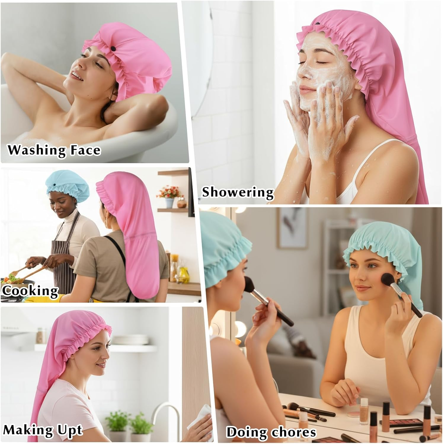 2 Pack Extra Large Shower Caps for Braids, Long Hair & Locs, Waterproof Hair Bonnets for Dreadlocks with Adjustable Drawstring (Pink, Light Blue) image number 2