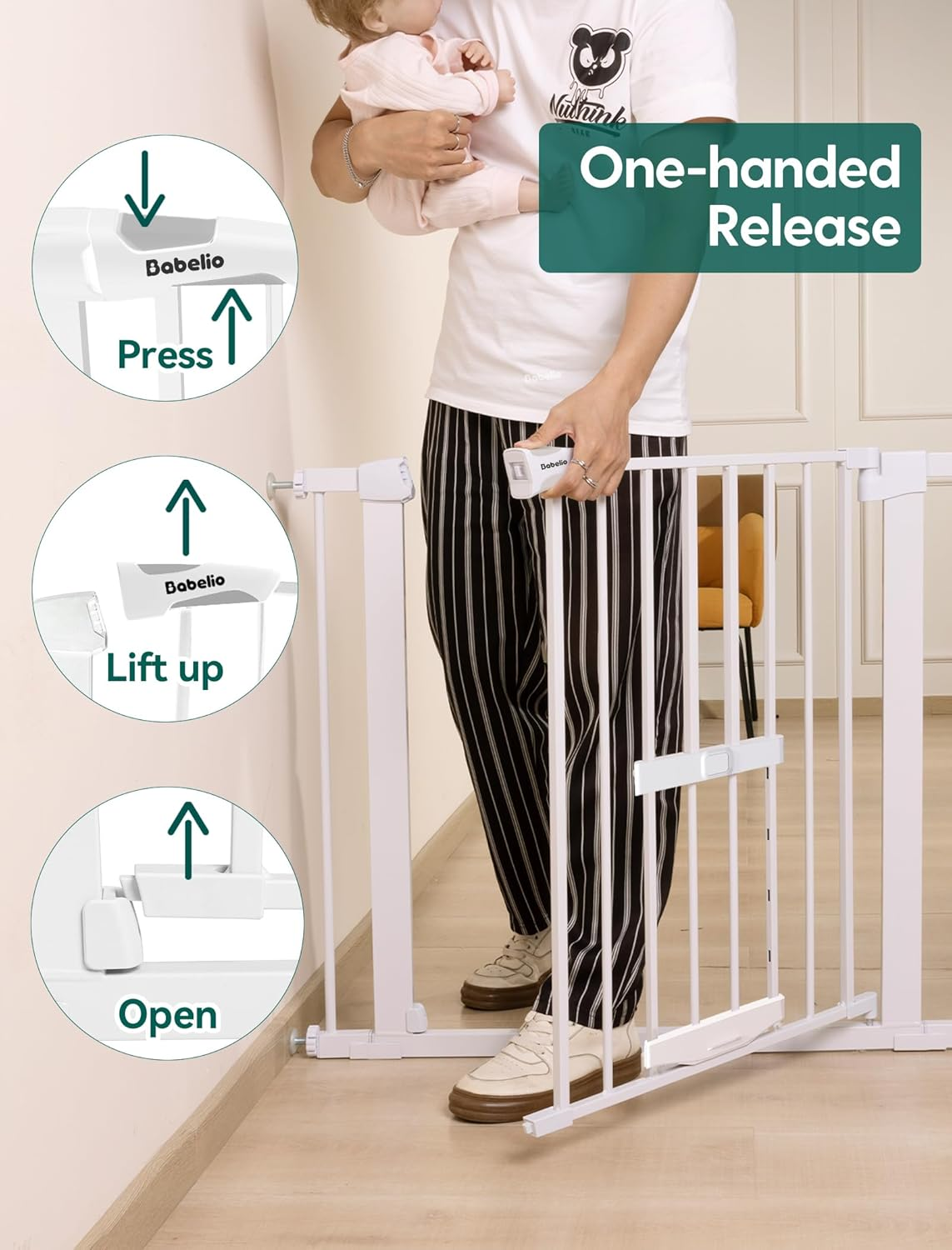BABELIO Baby Gate with Cat Door, 73.7-101.6 CM Metal Dog Gate for Stairs & Doorways, Pressure Mounted Safety Gate with Pet Door, NO Tools Needed (76.2 CM Tall, White)