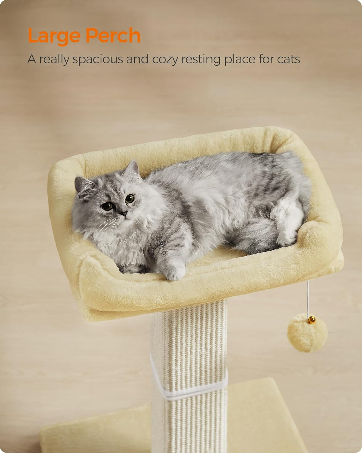 Feandrea Cat Scratching Post, 27.9-Inch Cat Scratcher with 15.7 X 11.8 Inches Plush Perch, Tall Scratch Post with Woven Sisal, Pompom, Removable Washable Cover, Beige UPCA022M01 image number 2