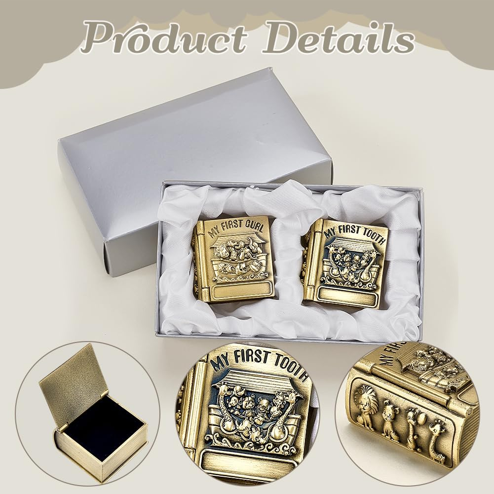 FINGERINSPIRE 2PCS My First Curl and My First Tooth Keepsake Box Antique Bronze Book Shaped Teeth Collection Organizer Holder First Curl and Tooth Keepsake Box for Babies to Keep the Childhood Memory