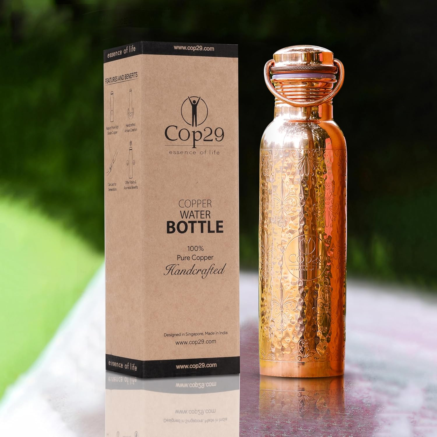 Cop29 Dual Hammered + Hand Engraved Premium Design Pure Copper Mira Glossy Water Bottle with Handle : an Ayurvedic Copper Vessel - 900Ml/30Oz image number 2