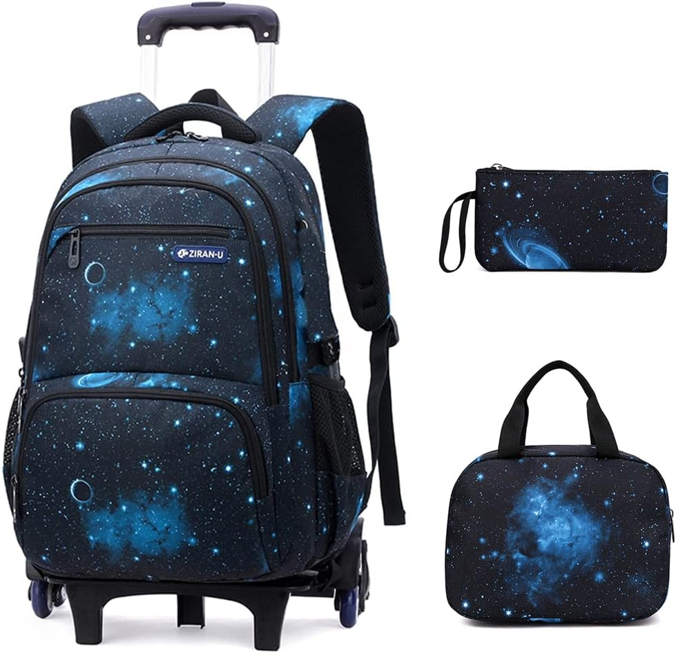 Galaxy Print Rolling Kids Backpack for Boys School Bag Elementary Bookbag with Wheels, 3Pcs-Style B-Galaxy-Black Blue, 3Pcs Rolling Backpack Set, Daypack Backpacks