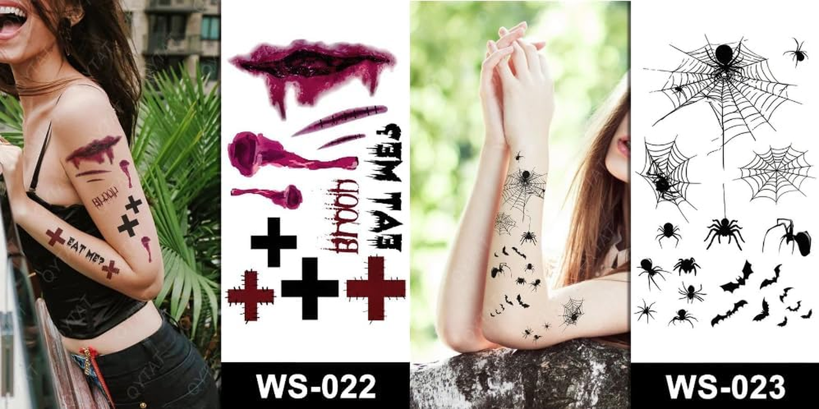 14 Sheets Halloween Tattoos Kids Temporary - Halloween Stickers Waterproof &ndash; Bats Blood Splatter Scratches Spider Webs Vampire Bites - Halloween Stickers for Adults Kids - 21X10Cm - Steadyink&reg;