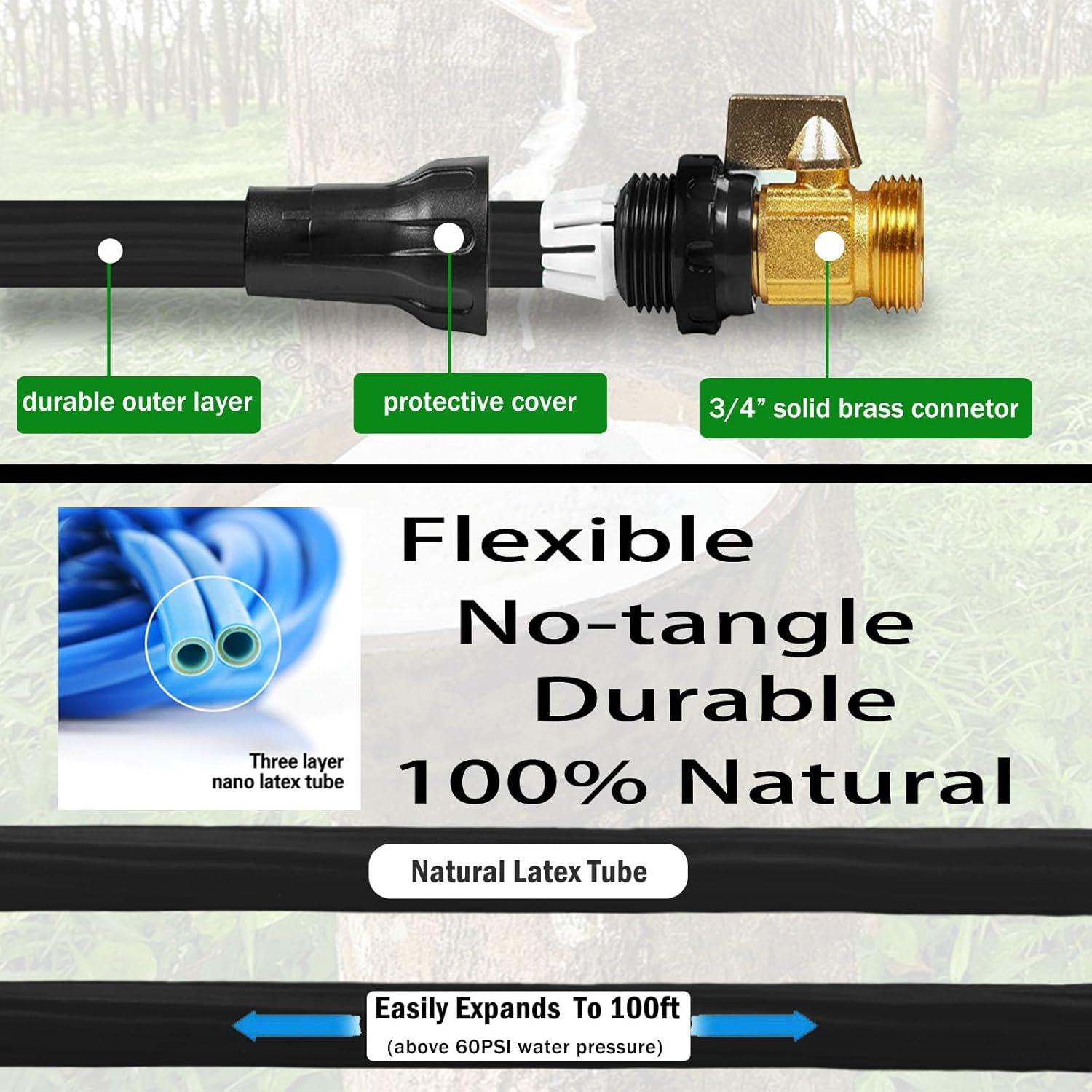Expandable Garden Hose 100Ft, Water Hose with 40 Layers of Innovative Nano Rubber, with 10 Function Nozzles, Retractable Garden Hose, Water Pipe with Solid Brass Connector for Garden Watering (Black) image number 3