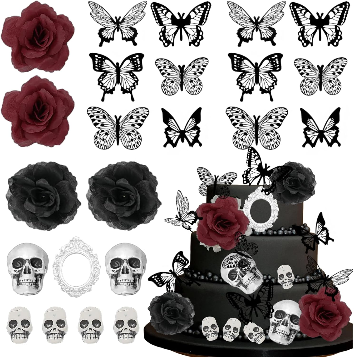 21Pcs Halloween Gothic Cake Decorations, Dark Rose Skull Butterflies Oval Photo Frame Gothic Cake Accessories Terror Party Supplies Favors image number 1
