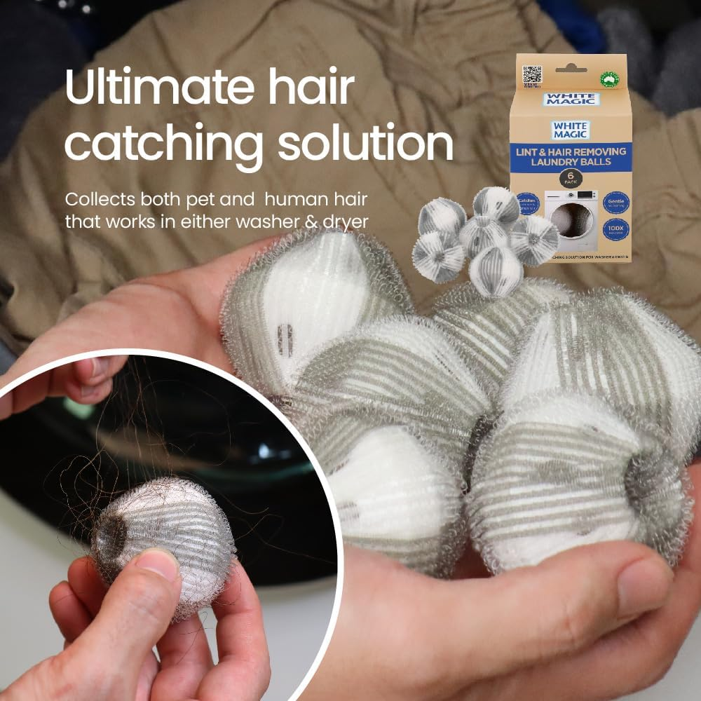 White Magic Lint & Hair Removing Laundry Balls - 6 Pack, Reusable, Washing & Drying Safe, Removes Pet Hair & Lint, Gentle on Clothes, Prevent Hair Clogging, Reduces Drying Time image number 4