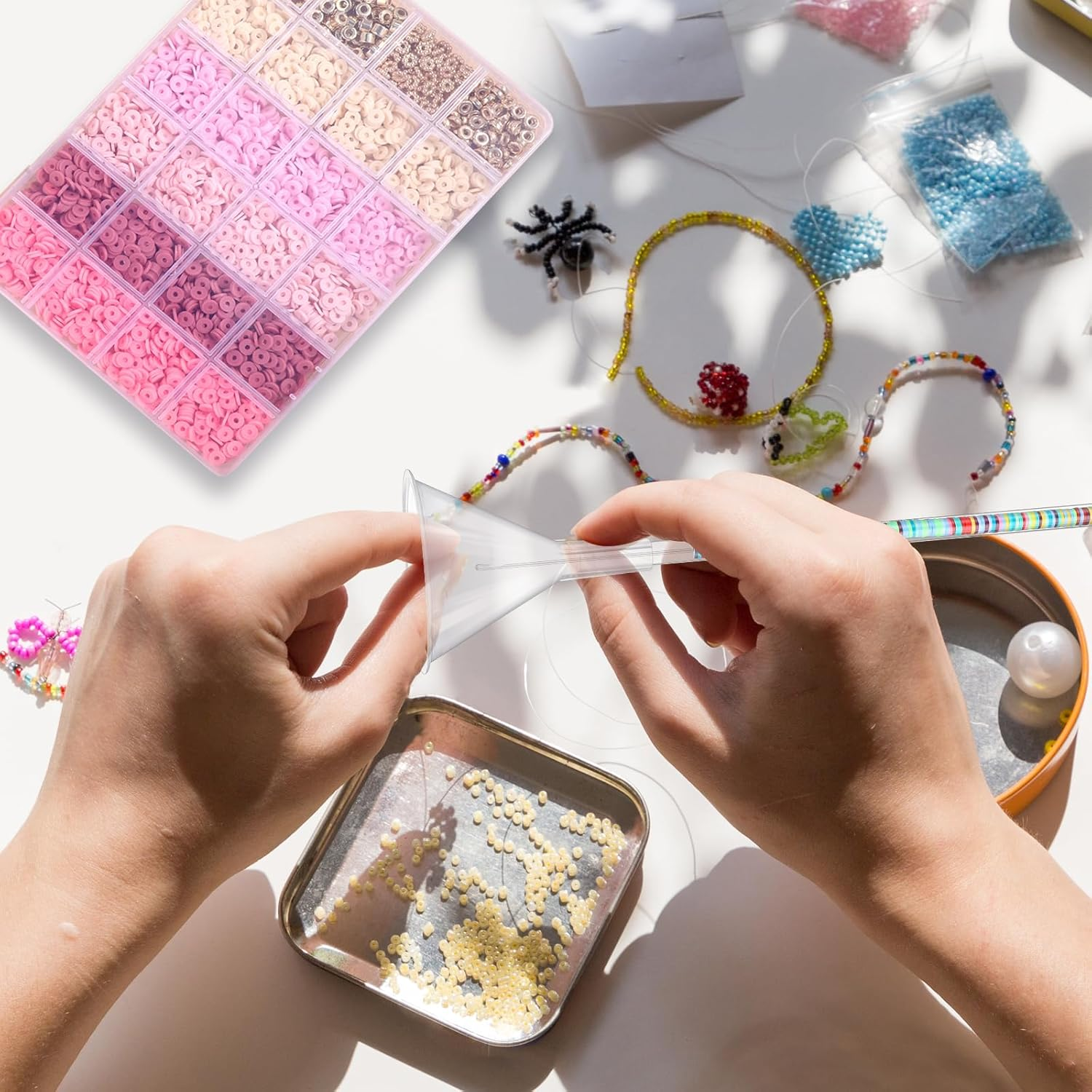 GEEHUA 2 Pack Clay Beads Bracelet Making Kit, Beading Funnel Tools for Jewelry Clay Bead Bracelets Necklace Making with Funnel Tube, Thread Pin, Wire, Clip, Spoon, Plug, Measuring Ruler image number 2