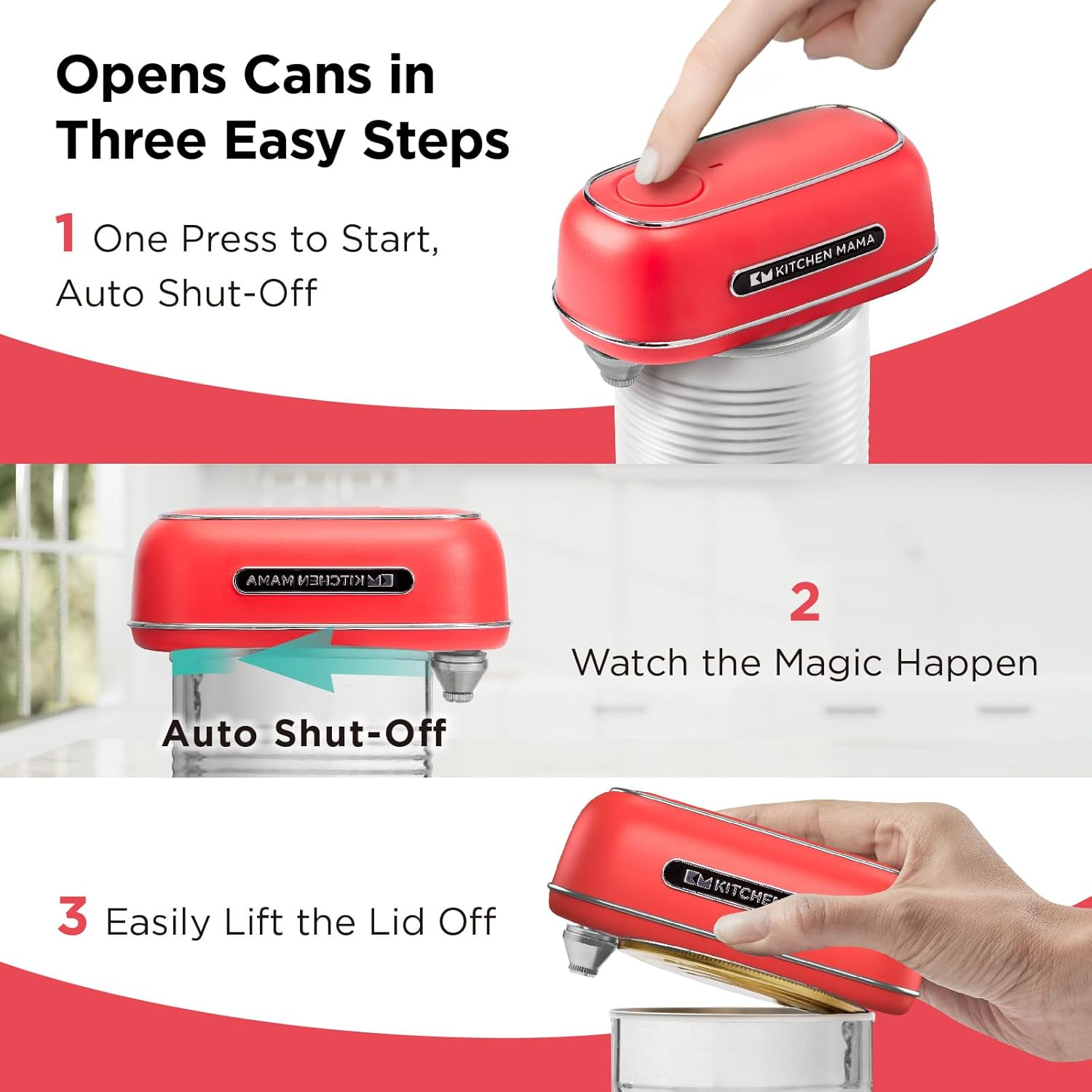 Kitchen Mama Orbit One Rechargeable Can Opener : Hands-Free Operation, Type-C Charging, Automatic Shut-Off, Smooth Edge, Professional-Grade Blade for Large Cans, Includes Elegant Storage Box (Red) - Silver image number 4