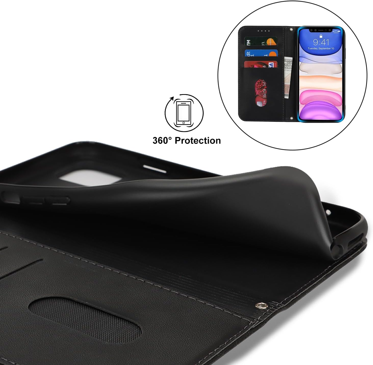 For Iphone 11 Case Leather Wallet Magnetic Flip Cover with Wrist Strap Card Holders Sunyoo Case Women Men RFID Blocking Porte Feuille Portefeuille Coque &Eacute;tui for Iphone11 Pour Femmes Homme Black