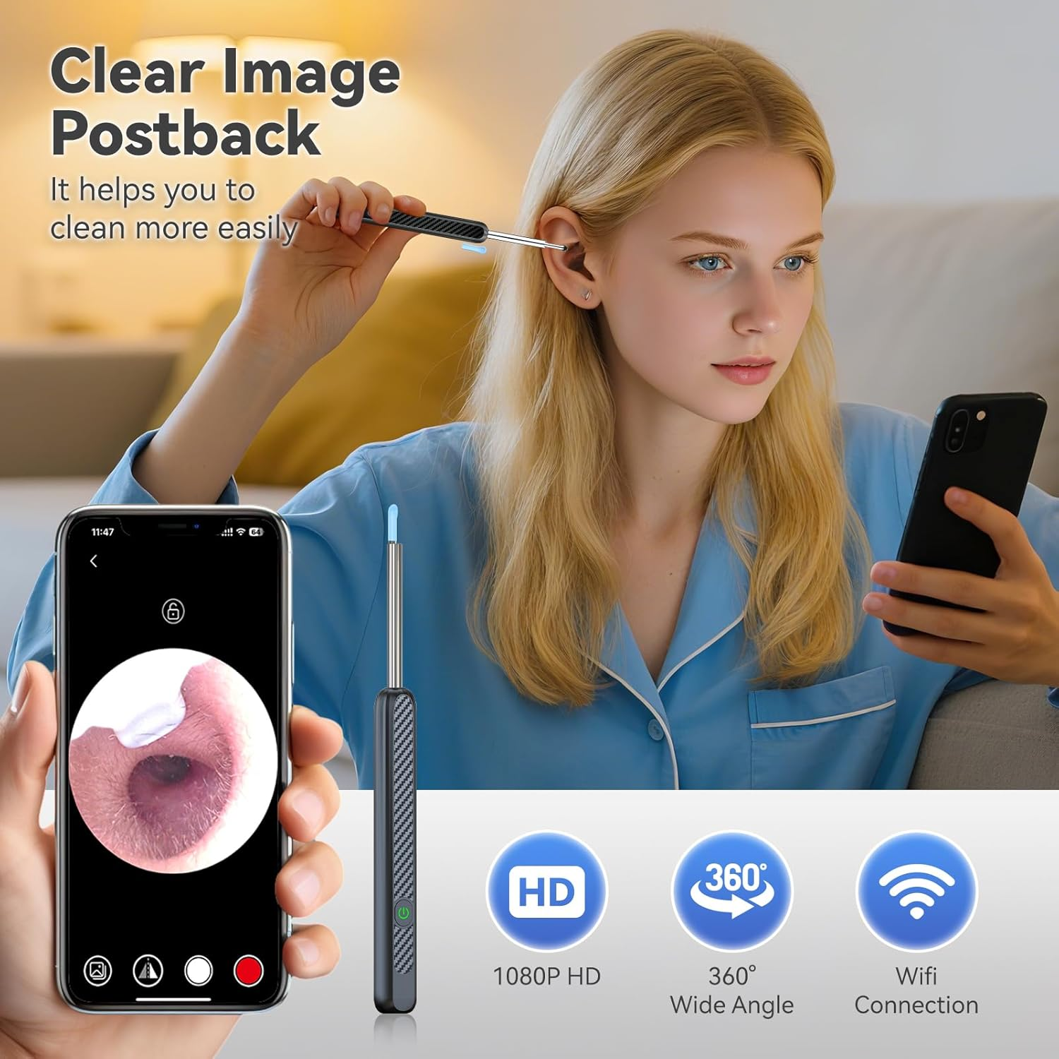 Ear Cleaner, Earwax Removal - Ear Wax Removal Tool with 8 Pcs Ear Set - Ear Cleaner with Camera and Light, 1080P - FSA HSA Eligible -Earwax Removal, Ear Wax Cleaner with 6 Ear Spoon - Ear Camera for Iphone Ios & Android (Black) image number 3