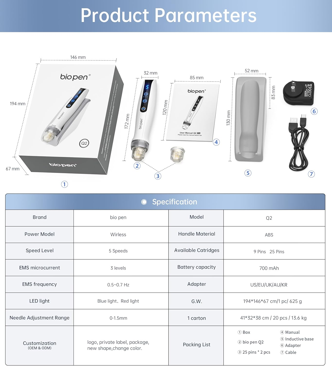 Pen Microneedling Bio-Q2 Professional Wireless Derma a Carica Automatica - Amazing Skin Pen per Viso E Corpo Con 6 Cartucce Da 0.25 Mm (2 X 9 Pin + 2 X 25 Pin + 2 X 14 Pin) image number 1