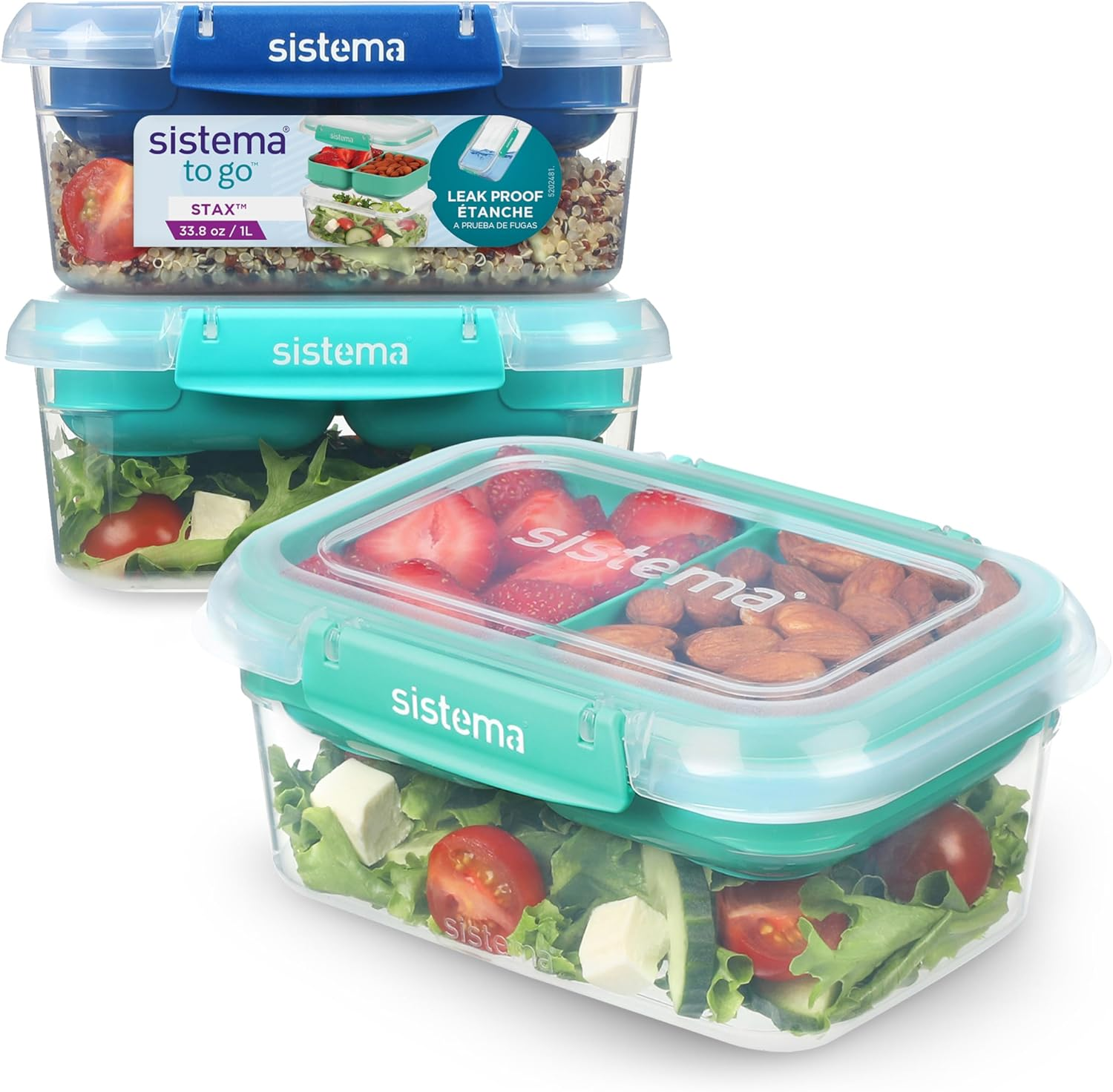 Sistema to Go Stax Food Storage Containers | 1 L | 3 Piece Airtight Containers Set with Tray | Leakproof Seal | Easy Locking Clips | Bpa-Free image number 4