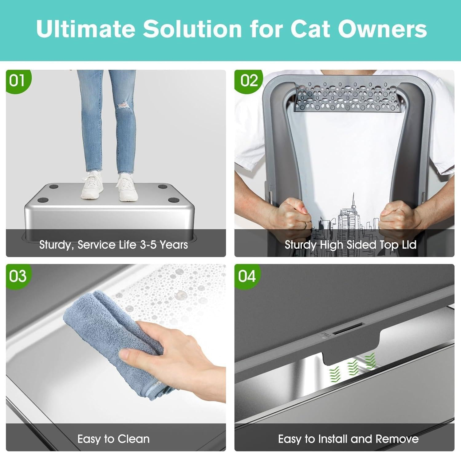 Stainless Steel Cat Litter Box, 60L X 40W X 30H CM for Big Cats with High Wall Sides Enclosure and Scoop, Non-Sticky, Anti-Leakage, Easy Cleaning image number 2