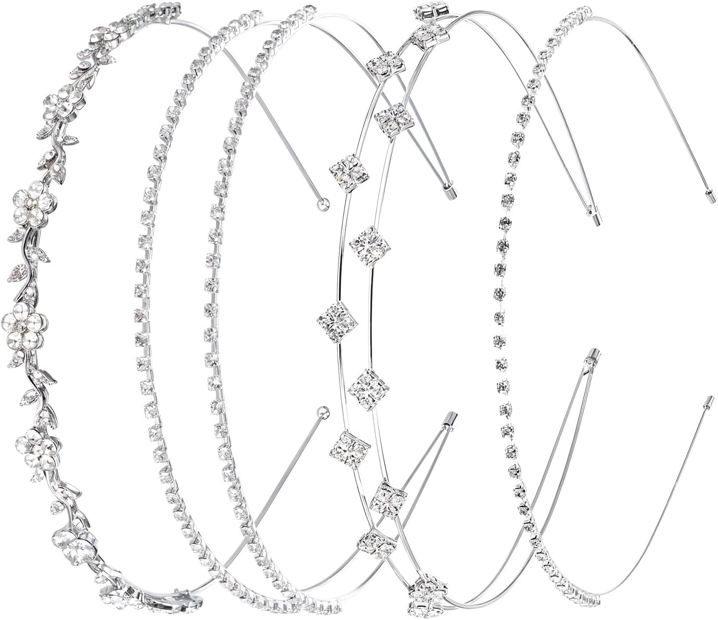 Prasacco Pack of 4 Silver Rhinestone Headband, Wedding Bridal Headband, Rhinestone Headband for Women and Girls, Sparkling Crystal Hair Band for Wedding, Dance, Party, Stage, Daily Life (4 Styles) image number 1