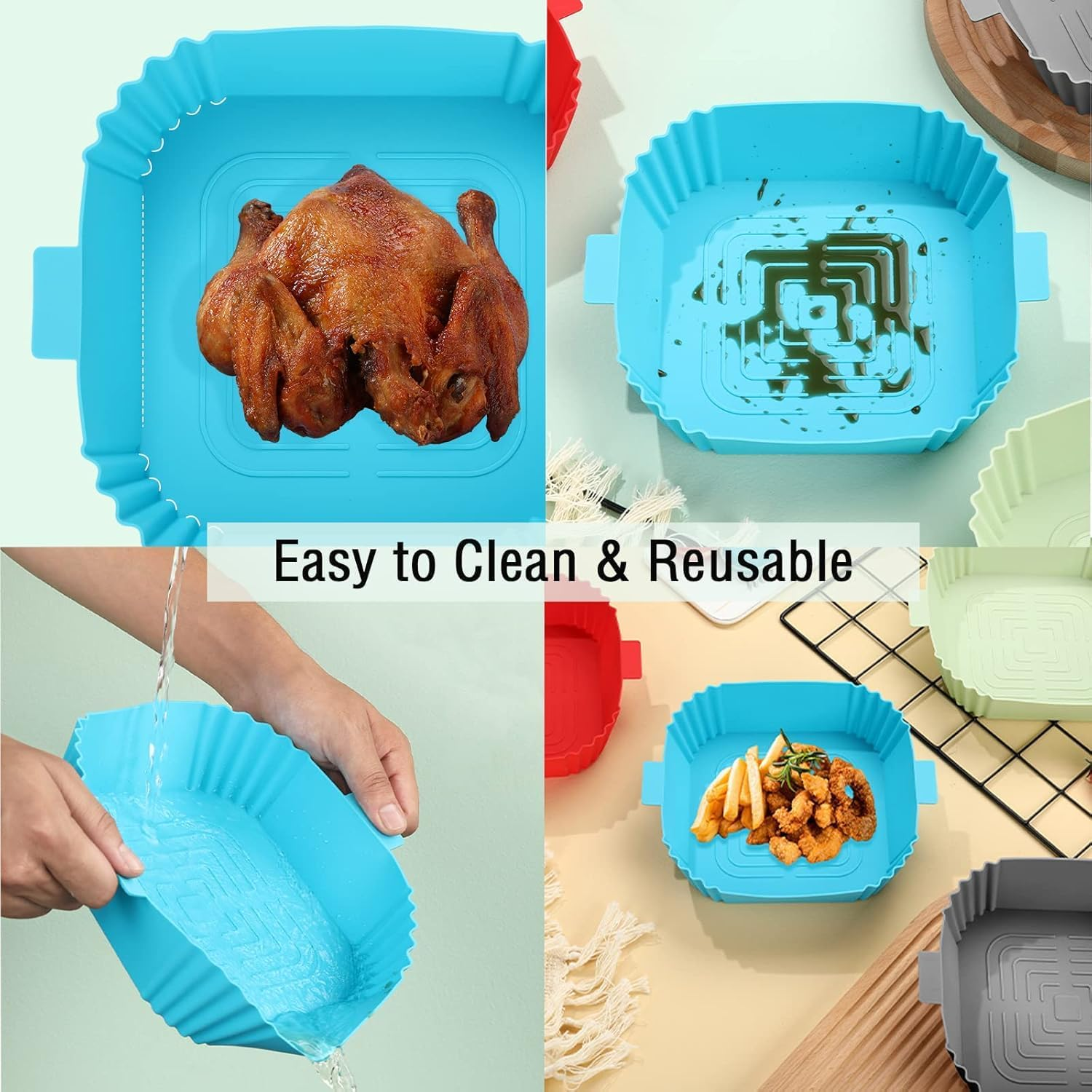 Silicone Air Fryer Liners,4Pcs Air Fryer Silicone Reusable Liners Square,Food Safe Air Fryers Oven Accessories,Replacement of Flammable Parchment Liner Paper for Air Fryer,Silicone Baking Tray Pots image number 4