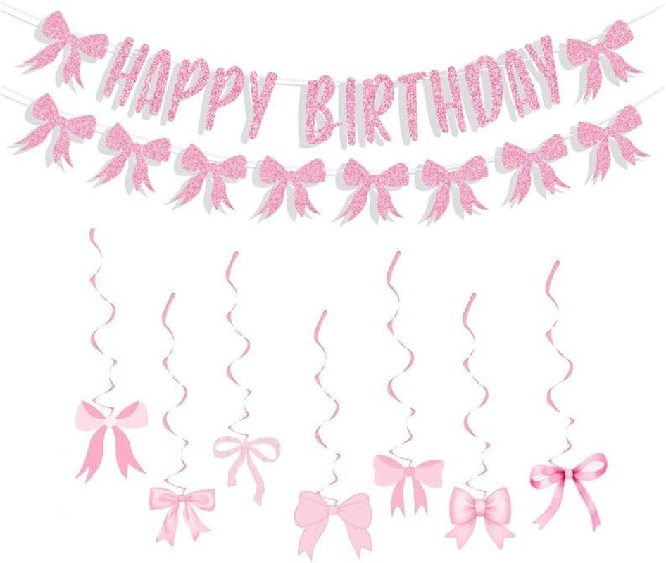 WADY 30Pcs Pink Bow Happy Birthday Banner Set with Glitter Garland & 7 Hanging Swirls, Girly Birthday Party Decorations for Girls, Bow Themed Backdrop Wall Hanging (Pink)