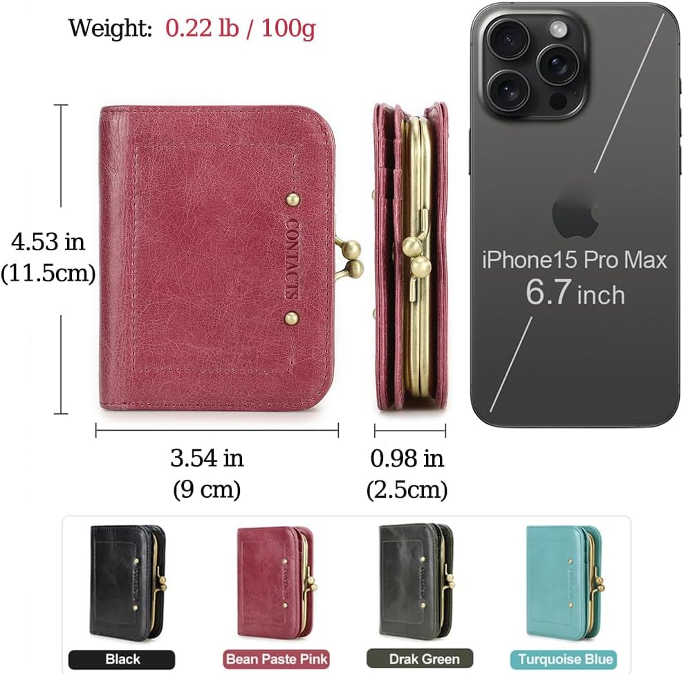 Full Grain Leather Kiss Lock Wallet for Women Kiss Clasp Coin Purse Vintage Bifold Card Holder RFID Wallet, Bean Paste Pink, Vintage - Green image number 7