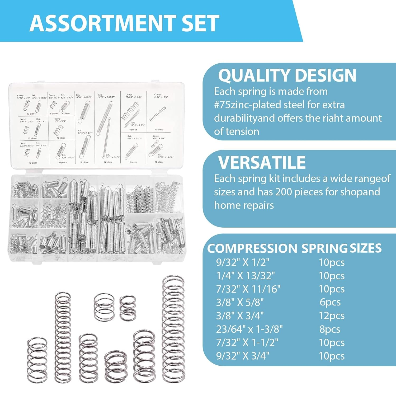 Compression & Extension Spring, Compression Springs Assortment, Stainless Steel Springs, Spring Assortment for Shop and Home Repairs (20 Different Sizes, 200Pcs)