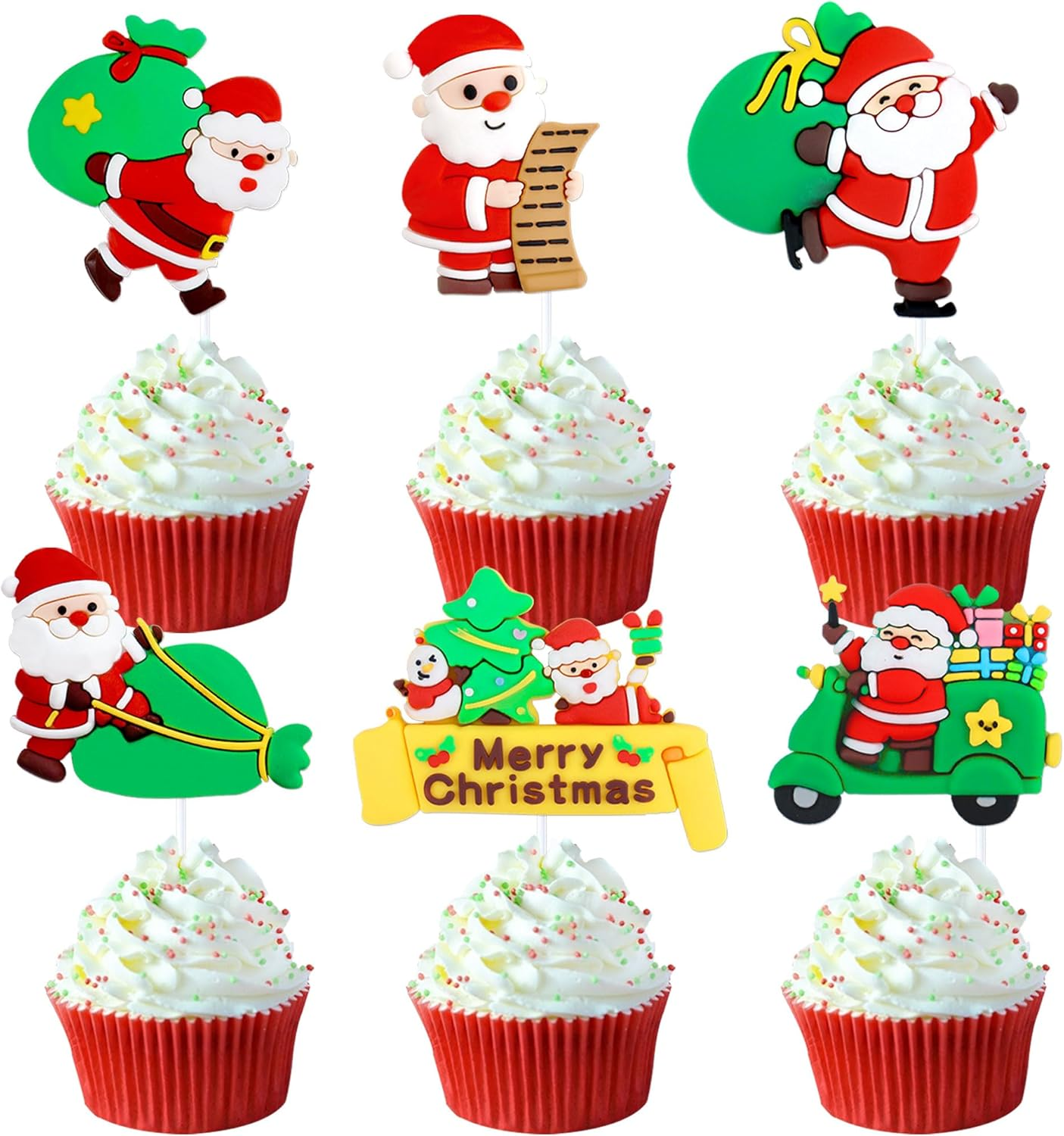 6Pcs Christmas Cupcake Toppers Santa Claus Cupcake Picks Winter Merry Christmas Theme New Year Holiday Birthday Party Cake Decorations Supplies