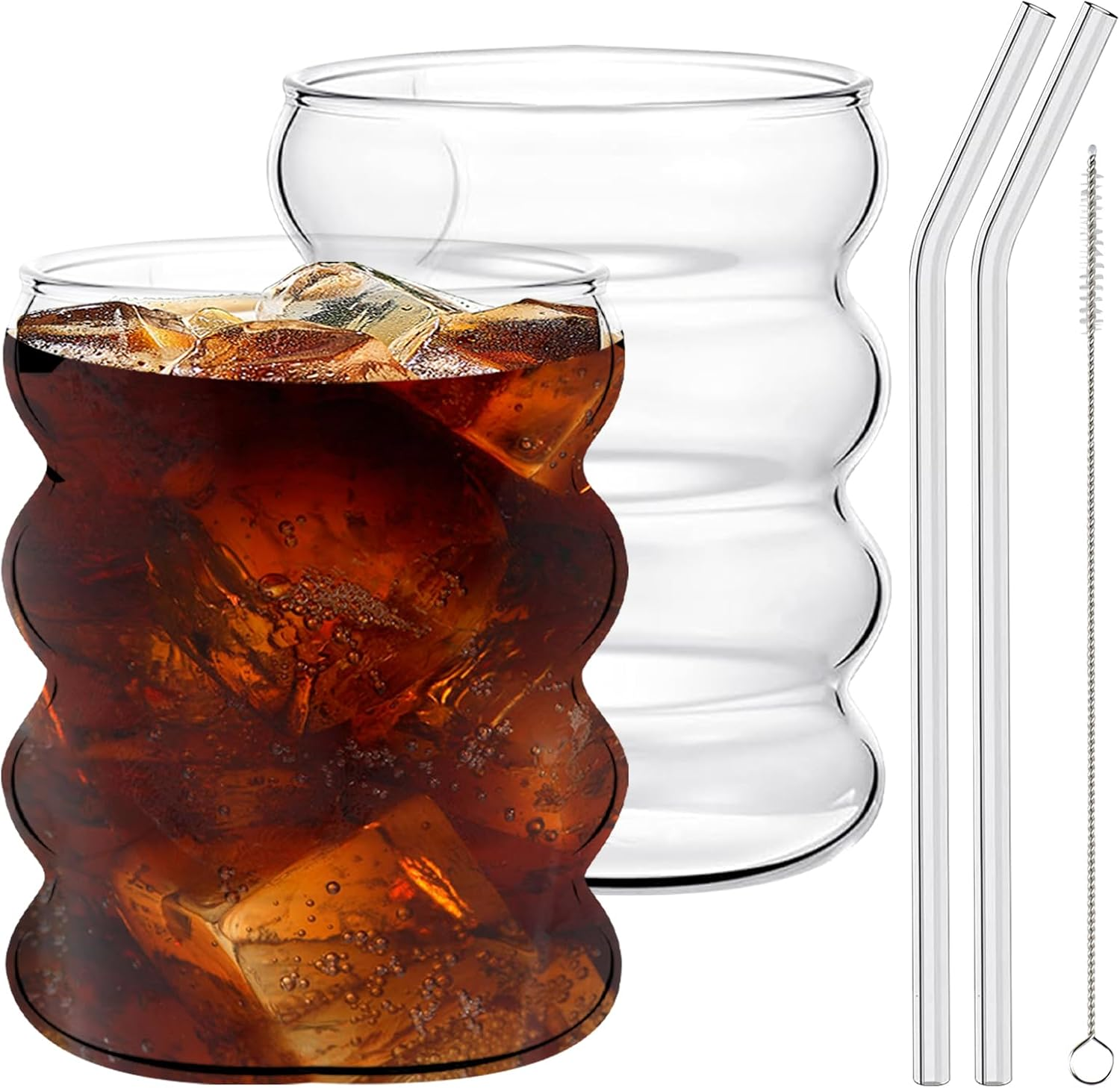 Glass Cups with Straws, Cute Tumbler Wave Bubble Beverage Glasses, 470Ml/16 Oz Vintage Glass Cup, 2 Pcs with Cleaning Brush Ideal for Matcha, Soda, Tea, Juice, Coffee, Milk, Gift image number 3