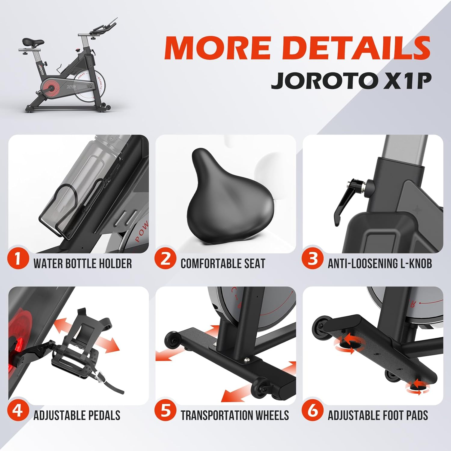 JOROTO Exercise Bike X1P, Stationary Bikes for Home, 300LBS Weight Capacity Magnetic Resistance Indoor Cycling Bikes with 4-Way Adjustable Handlebars, LCD Monitor & Ipad Holder for Home Workout Bike image number 3