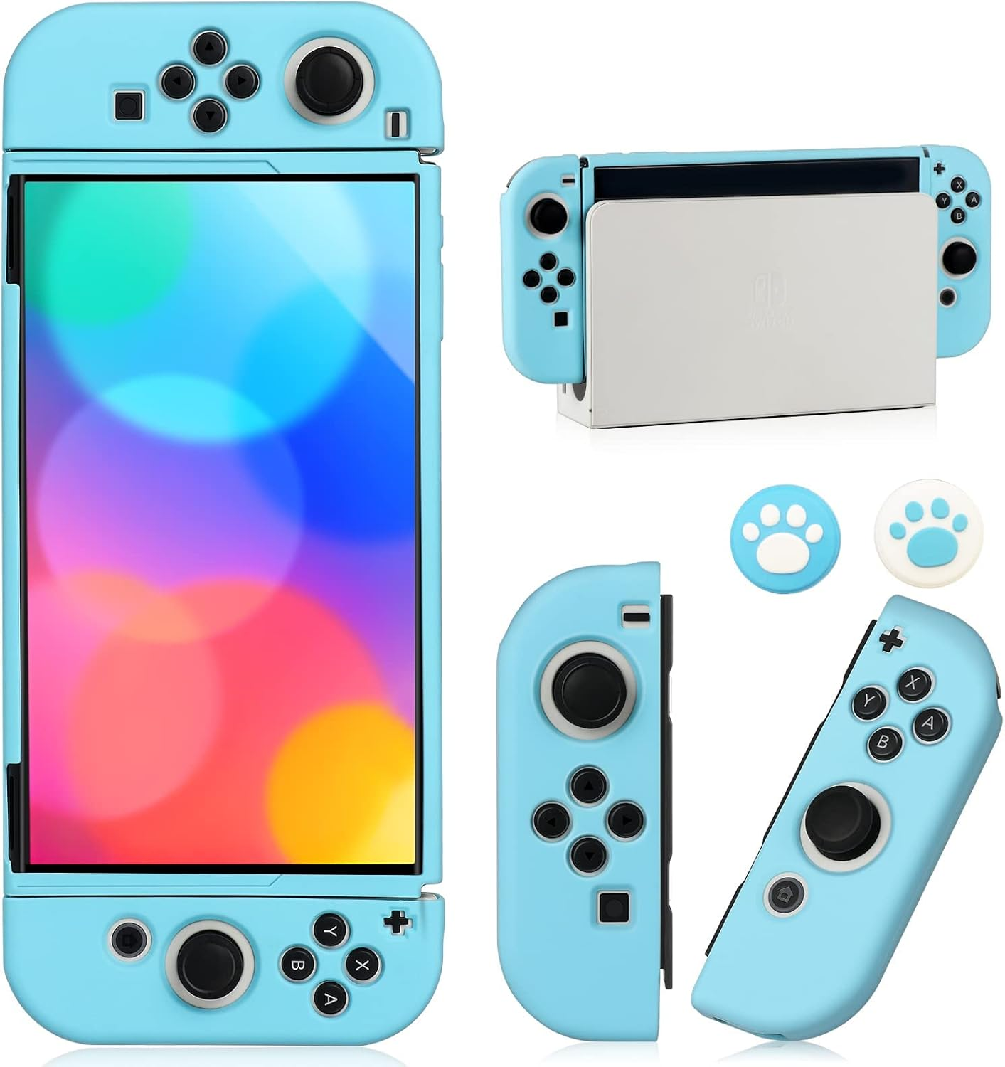 Dockable Case for Nintendo Switch OLED Model 2021, Soft TPU Protective Cover Case for Switch OLED Console and Joy-Con Controller with 2 Pcs Thumb Grip
