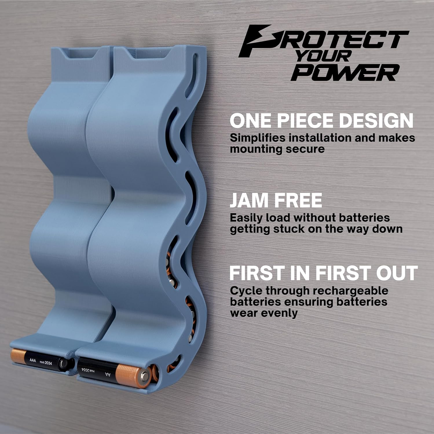 Protect Your Power - AA & AAA Battery Chute Combo, Wall Mount Battery Organizer/Battery Dispenser - Blue (Combo Pack) image number 1