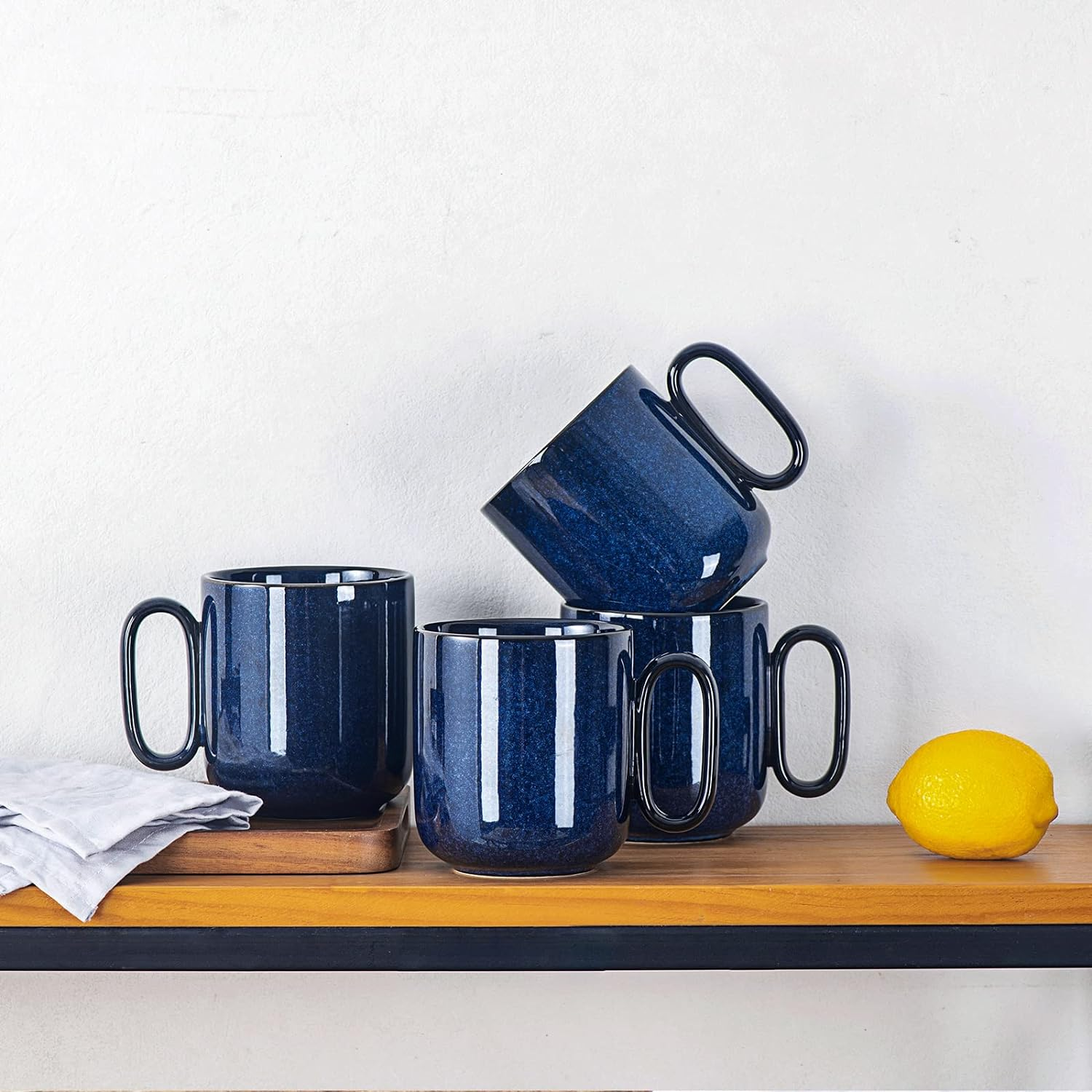 Vicrays Ceramic Coffee Mug Set - 18 Ounce Large Stoneware Mug for Men Women - Unique Glazed Porcelain Mugs with Handle for Coffee Latte Tea Milk Cocoa - Set of 4 (Blue) image number 2