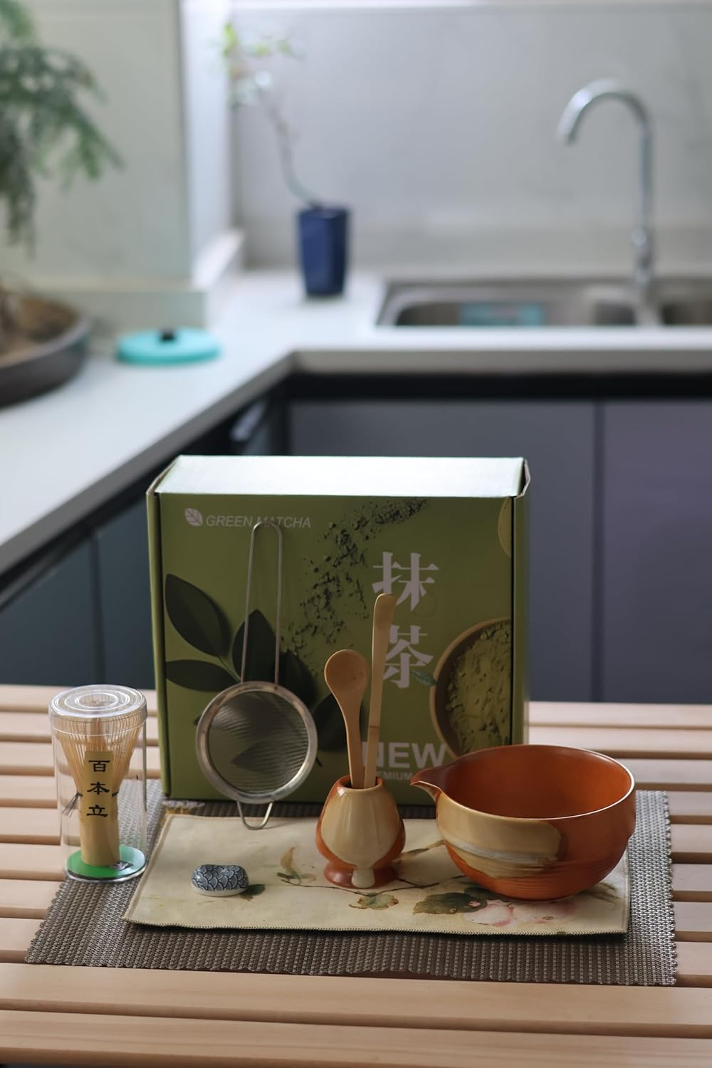 Matcha Whisk Set &ndash; 9 Pieces Including Gift Box &ndash; Japanese Ceremonial Green Tea Kit with Bamboo Whisk, Chasen Holder, Scoop, Sifter, Spoon, Cloth Wrap & Ceramic Bowl &ndash; Complete Matcha Set image number 6